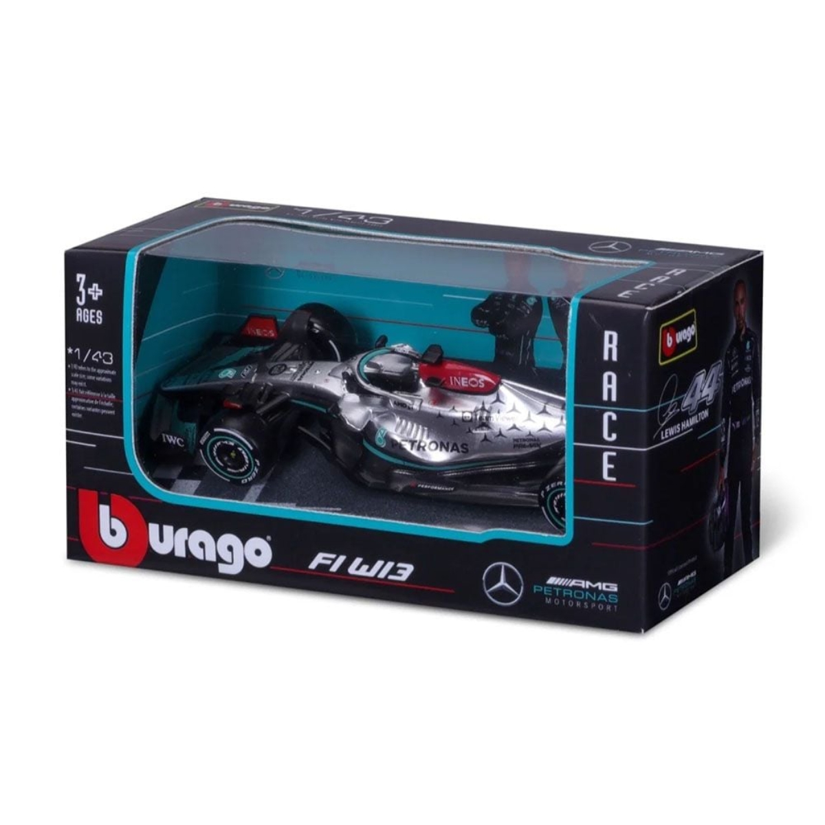 بوراجو سيارة دايكاست مرسيدس AMG F1 W13 رقم 63 بمقياس 1:43 للأولاد، 3-4 سنوات