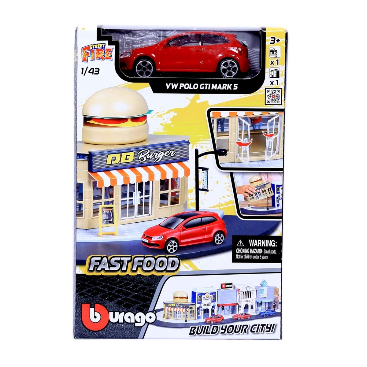 بوراجو مجموعة لعب مطعم ستريت فاير مع سيارة فولكس فاجن داي كاست بمقياس 1:43 للأولاد، 3-4 سنوات