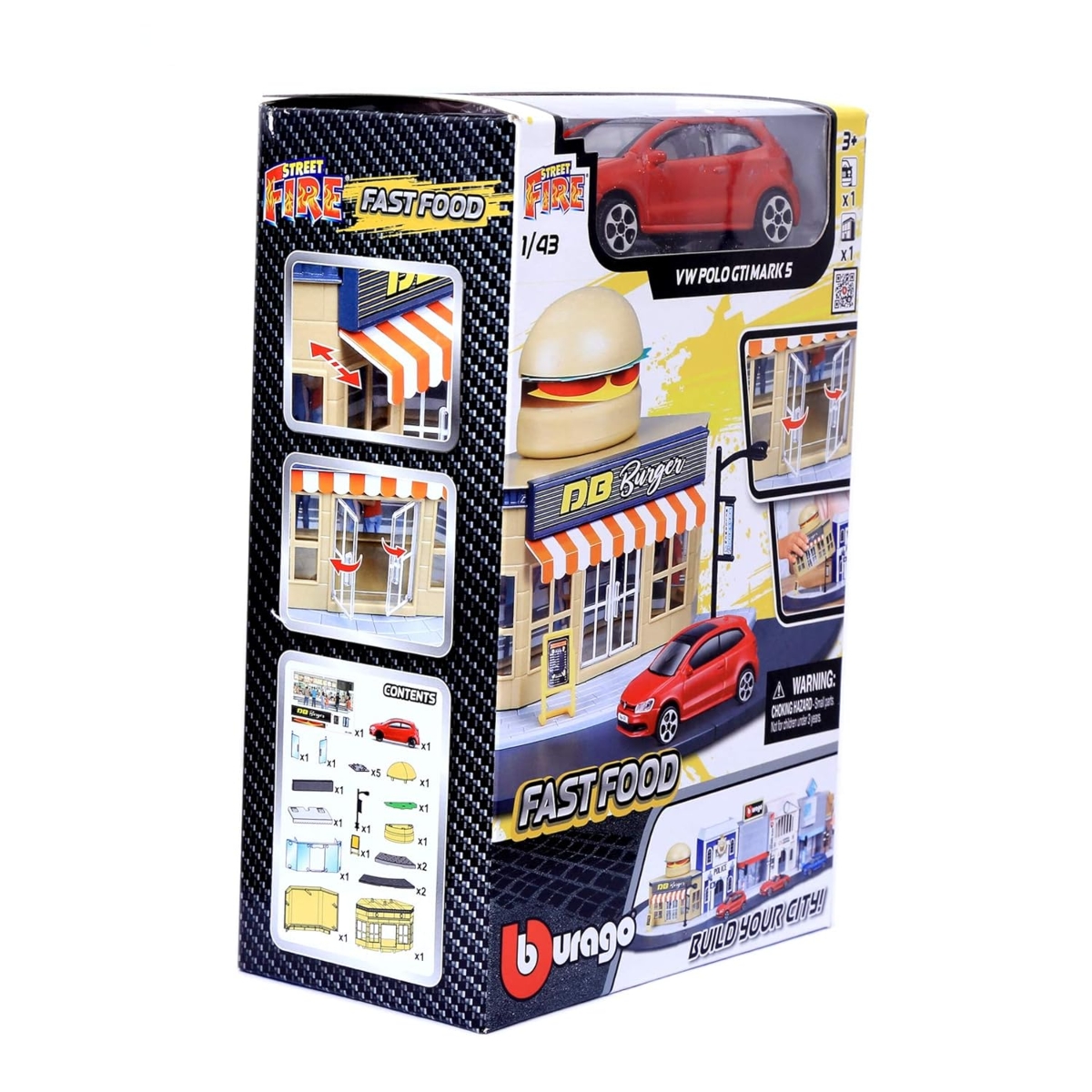 بوراجو مجموعة لعب مطعم ستريت فاير مع سيارة فولكس فاجن داي كاست بمقياس 1:43 للأولاد، 3-4 سنوات