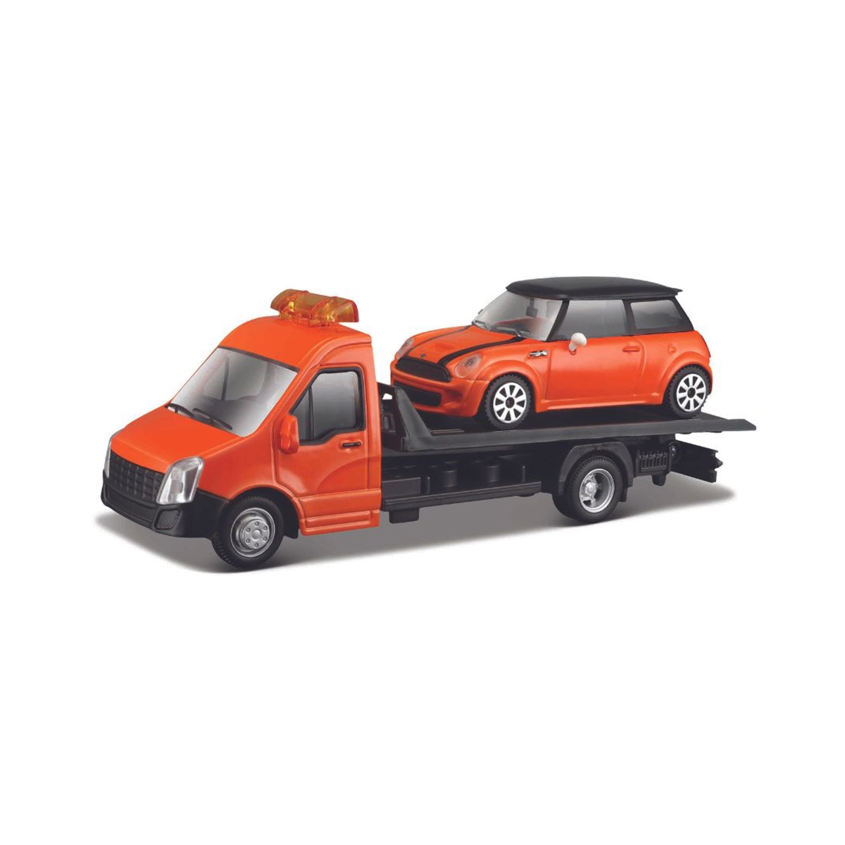 بوراغو ستريت فاير ناقلة مسطحة مع ميني كوبر S مجموعة لعب مجسمة معدنية بمقياس 1:43 للأولاد، 3-4 سنوات