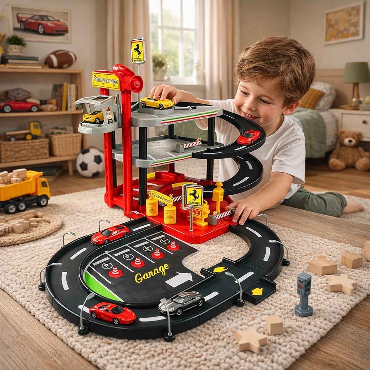 بوراغو مجموعة مرآب مواقف سيارات فيراري للسباق مع سيارة دايكاست متنوعة، للأولاد، 3-4 سنوات