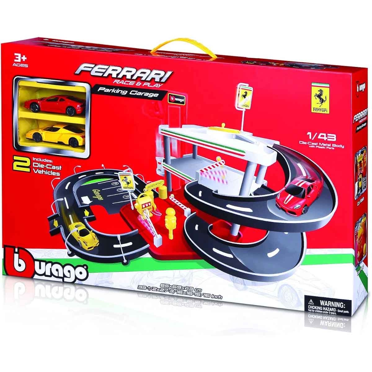 بوراغو مجموعة مرآب مواقف سيارات فيراري للسباق مع سيارة دايكاست متنوعة، للأولاد، 3-4 سنوات