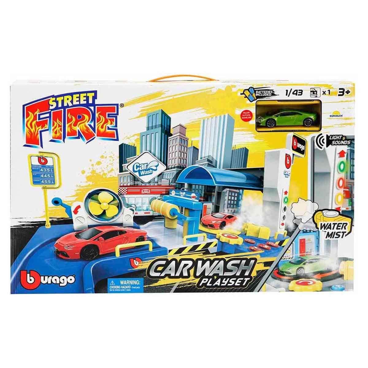 Bburago Street Fire Garage Car Wash Playset & Street Fire Assorted Diecast Car Bundle Unisex, 3-4 Years