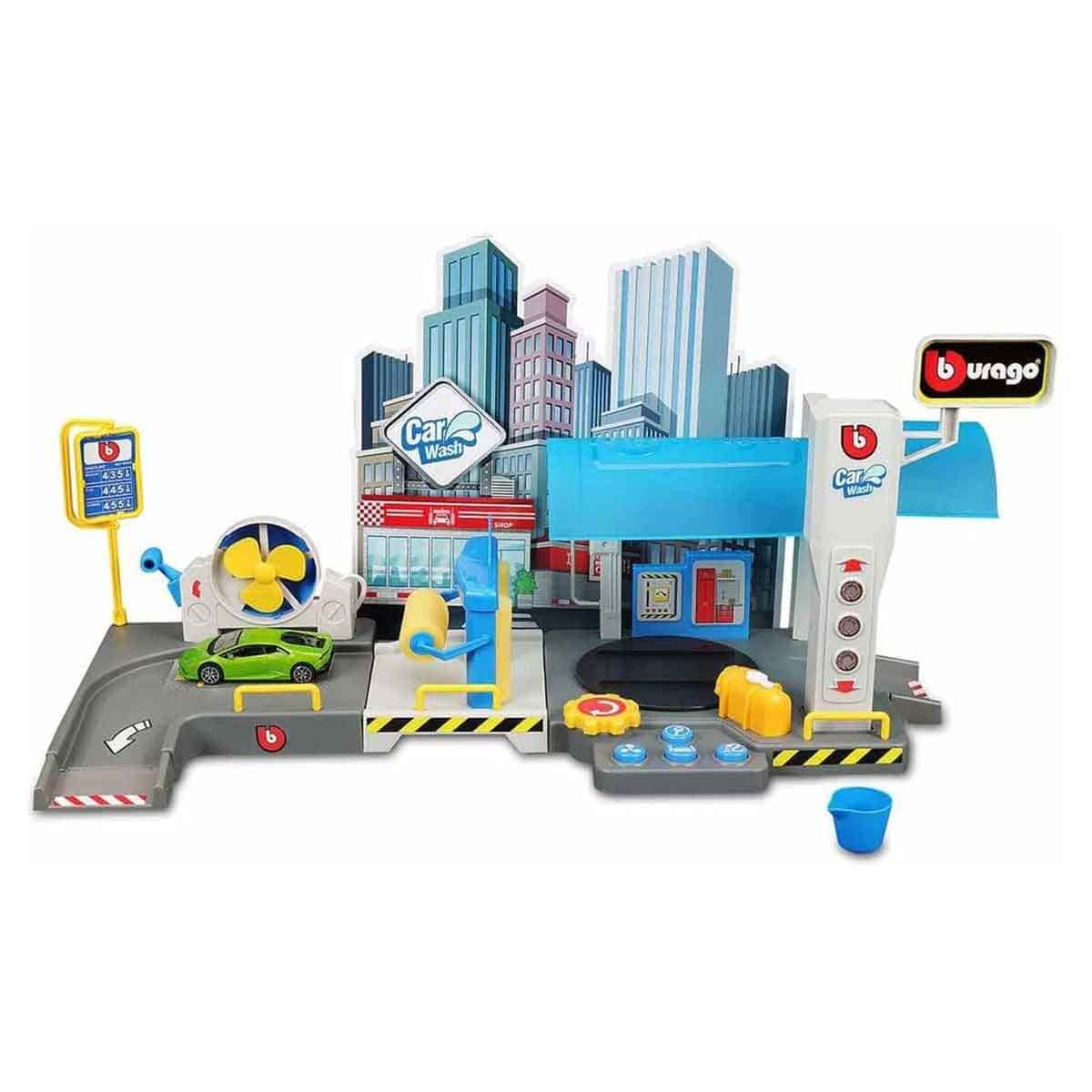 Bburago Street Fire Garage Car Wash Playset & Street Fire Assorted Diecast Car Bundle Unisex, 3-4 Years