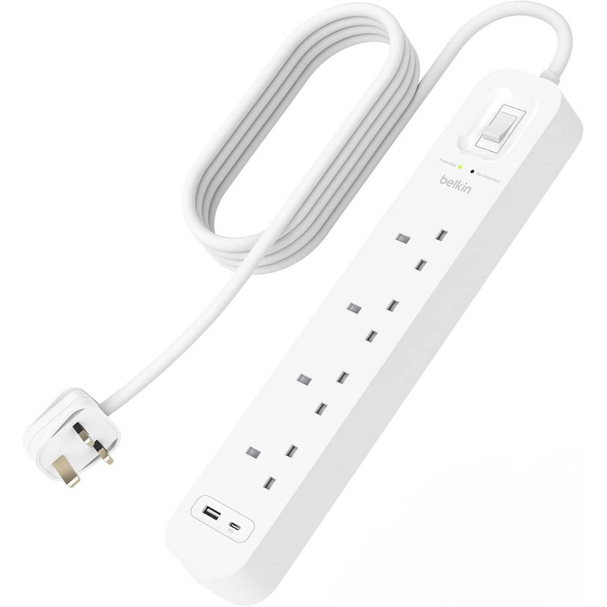بيلكن مشترك كهربائي محمي من ارتفاع التيار بـ 4 منافذ مع USB-C وUSB-A بقدرة 18 واط بطول 2 متر