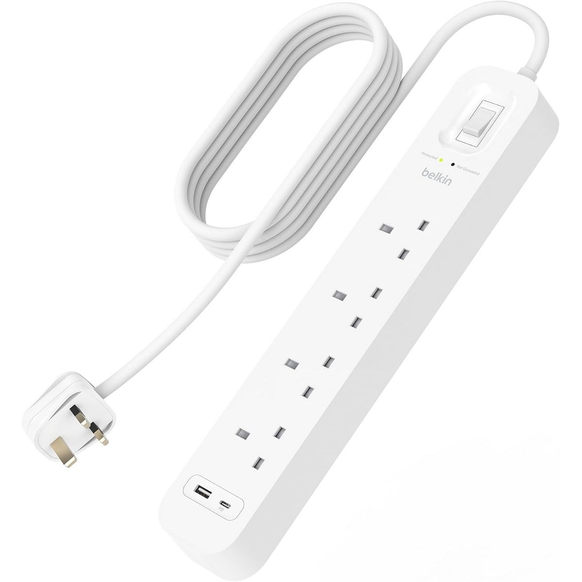 بيلكن مشترك كهربائي محمي من ارتفاع التيار بـ 4 منافذ مع USB-C وUSB-A بقدرة 18 واط بطول 2 متر
