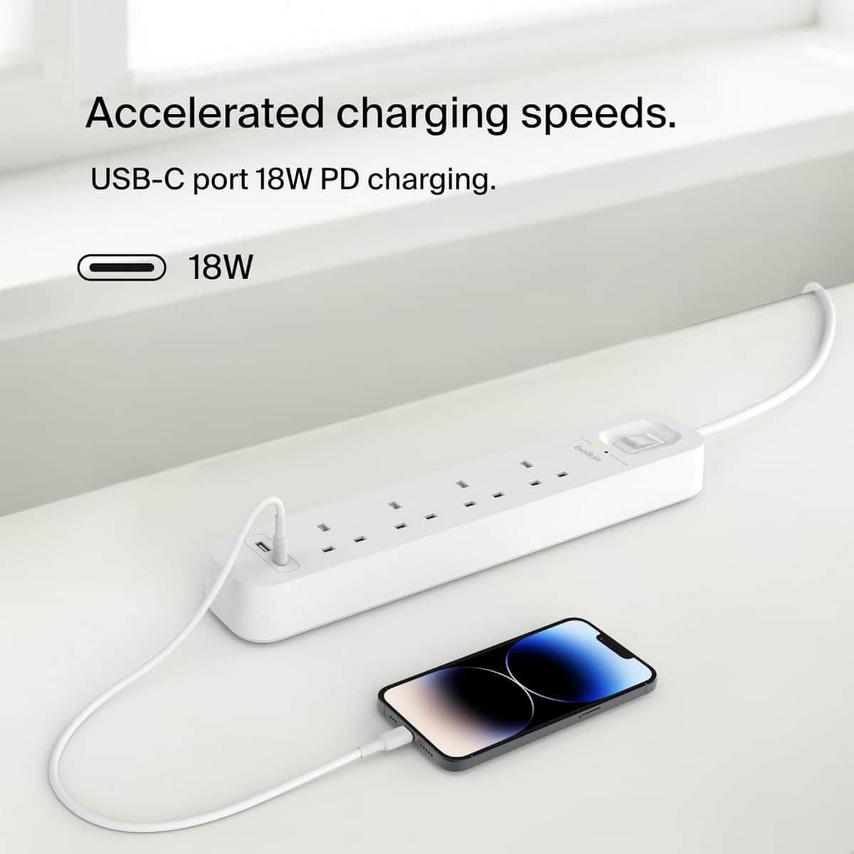 Belkin 18W USB-C & USB-A 4-Outlet Surge Protected 2m Power Strip