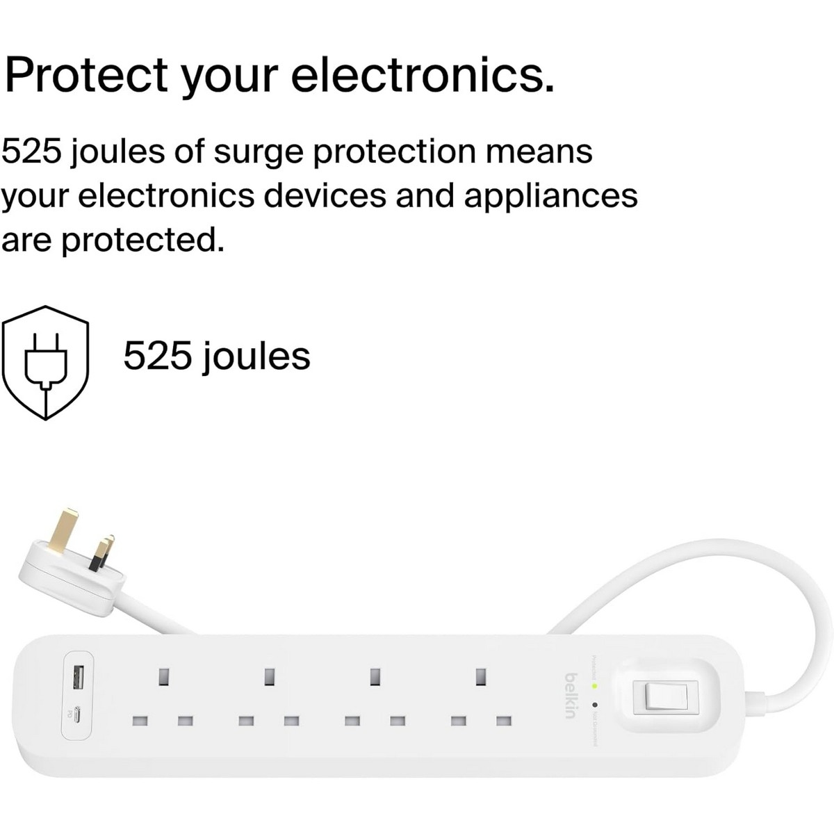 بيلكن مشترك كهربائي محمي من ارتفاع التيار بـ 4 منافذ مع USB-C وUSB-A بقدرة 18 واط بطول 2 متر