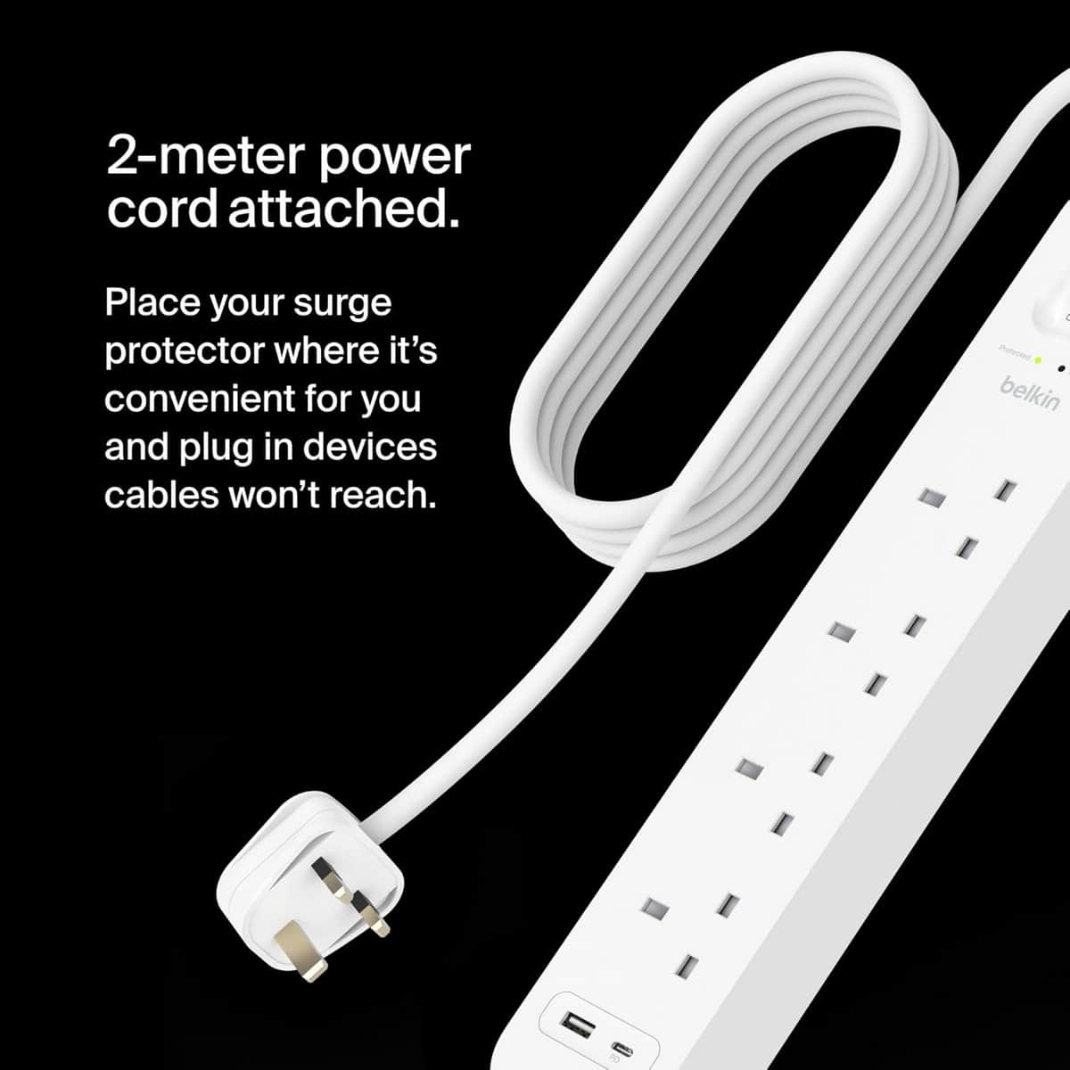 Belkin 18W USB-C & USB-A 4-Outlet Surge Protected 2m Power Strip