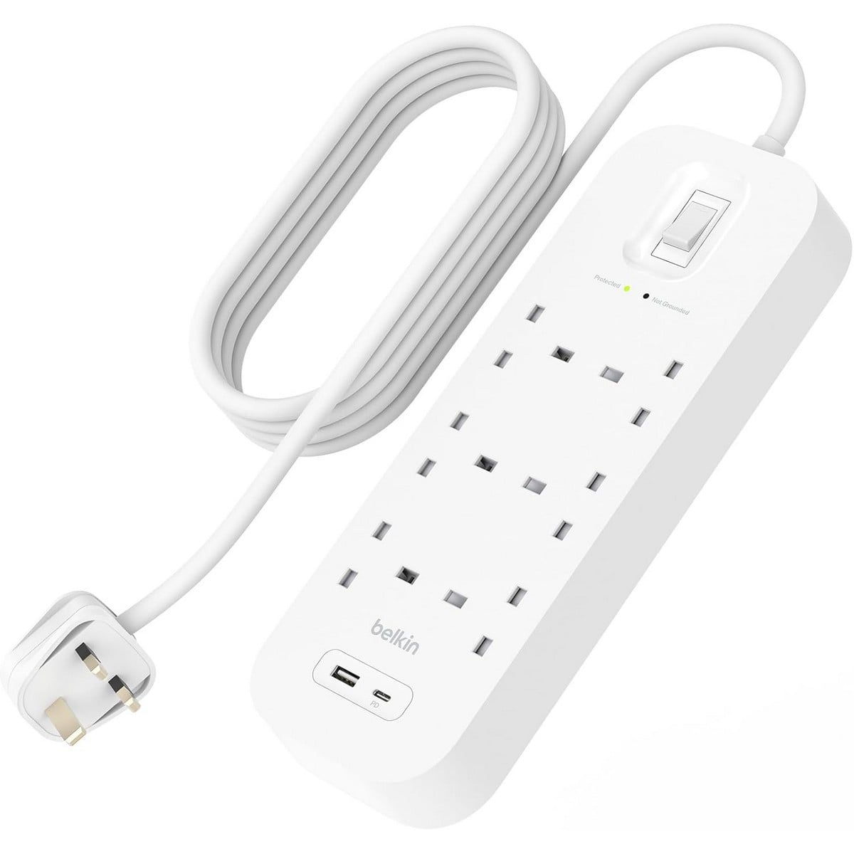 بيلكن مشترك كهربائي محمي من ارتفاع التيار بـ 6 منافذ مع USB-C وUSB-A بقدرة 18 واط بطول 2 متر
