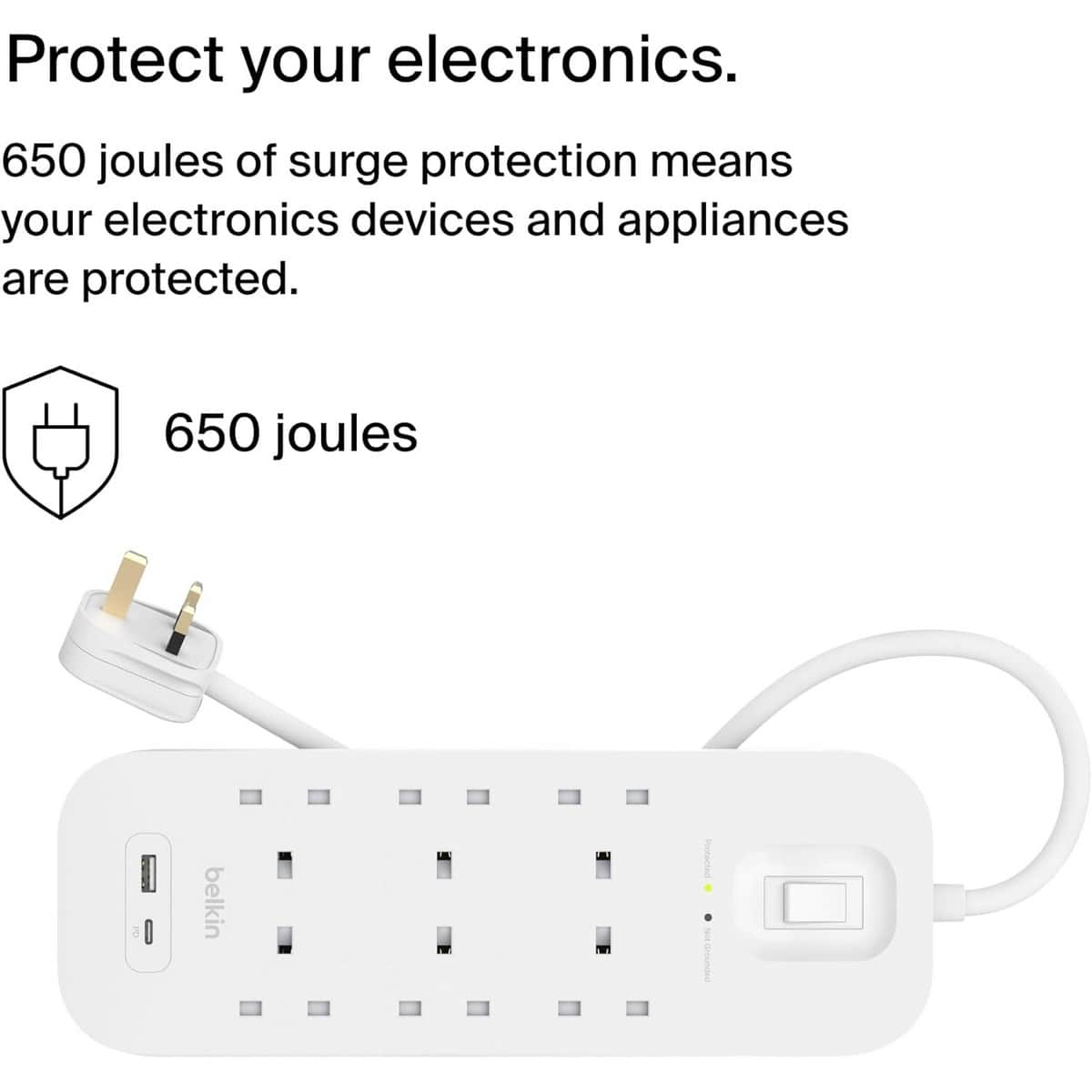 Belkin 18W USB-C & USB-A 6-Outlet Surge Protected 2m Power Strip