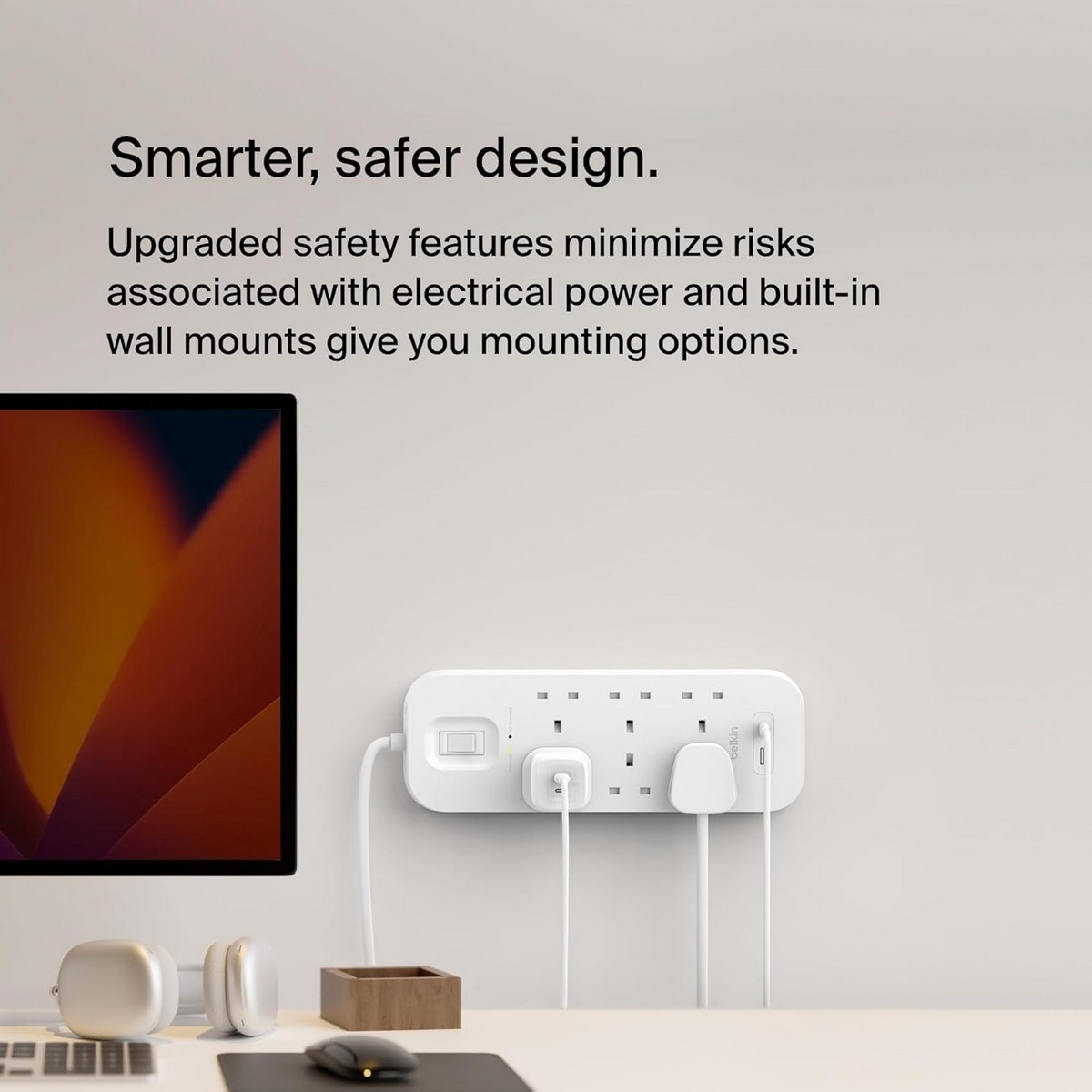 بيلكن مشترك كهربائي محمي من ارتفاع التيار بـ 6 منافذ مع USB-C وUSB-A بقدرة 18 واط بطول 2 متر