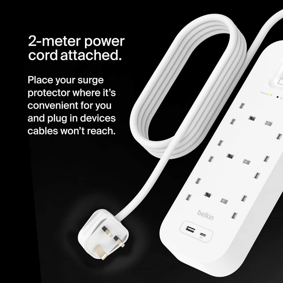 Belkin 18W USB-C & USB-A 6-Outlet Surge Protected 2m Power Strip