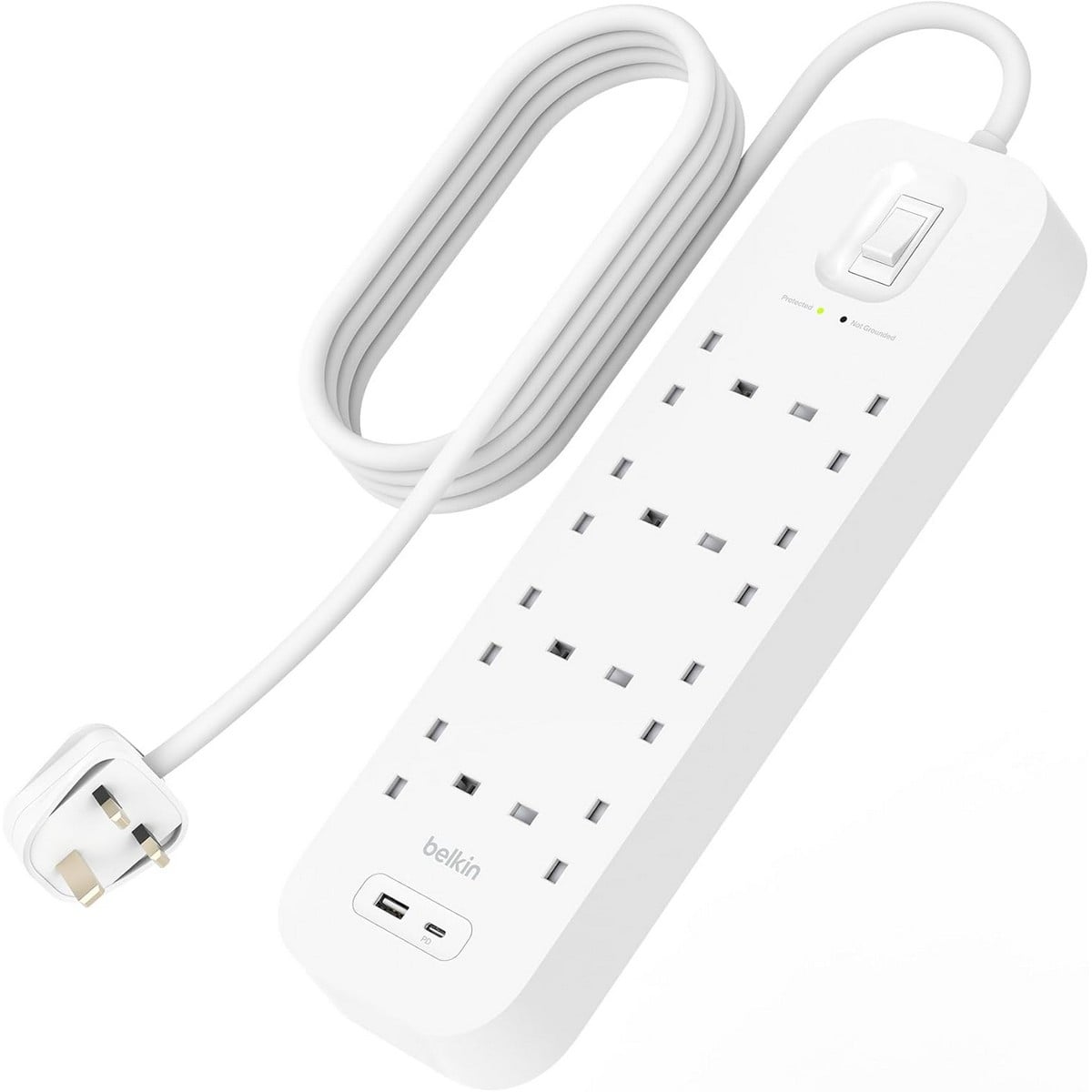 بيلكن مشترك كهربائي محمي من ارتفاع التيار بـ 8 منافذ مع USB-C وUSB-A بقدرة 18 واط بطول 2 متر