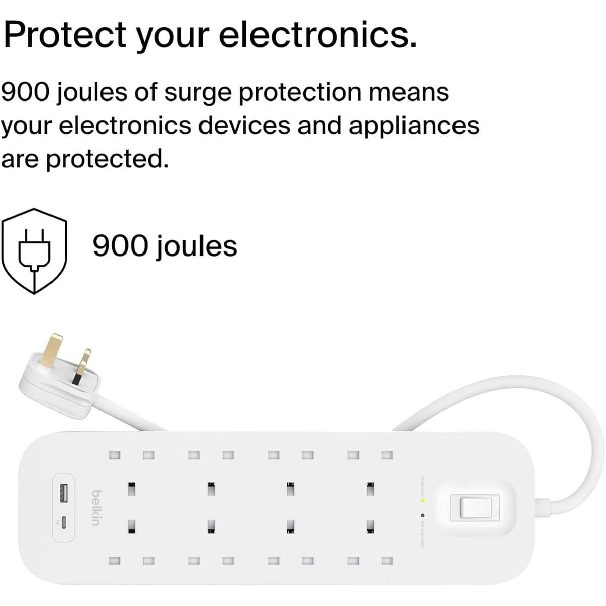بيلكن مشترك كهربائي محمي من ارتفاع التيار بـ 8 منافذ مع USB-C وUSB-A بقدرة 18 واط بطول 2 متر