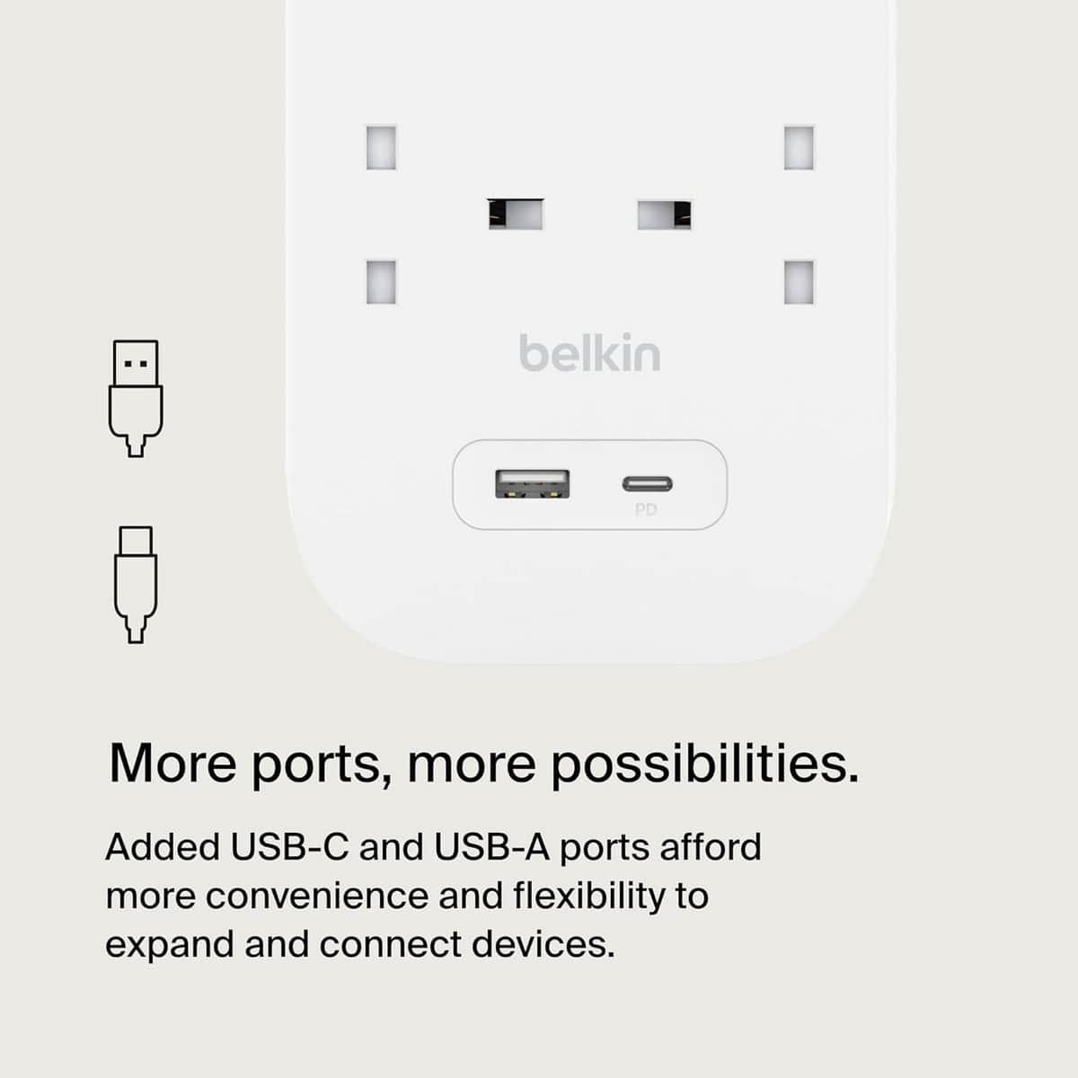 بيلكن مشترك كهربائي محمي من ارتفاع التيار بـ 8 منافذ مع USB-C وUSB-A بقدرة 18 واط بطول 2 متر