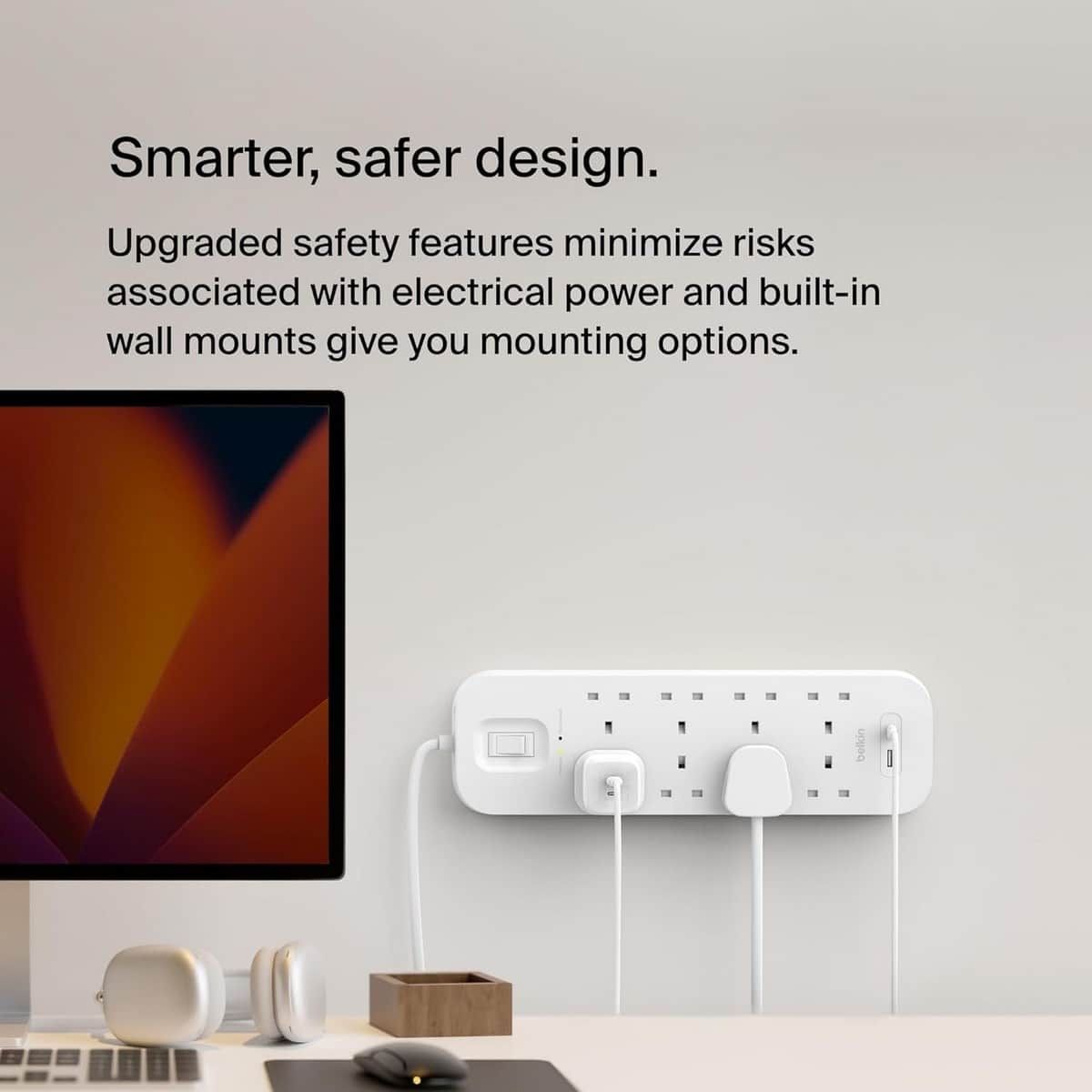 بيلكن مشترك كهربائي محمي من ارتفاع التيار بـ 8 منافذ مع USB-C وUSB-A بقدرة 18 واط بطول 2 متر
