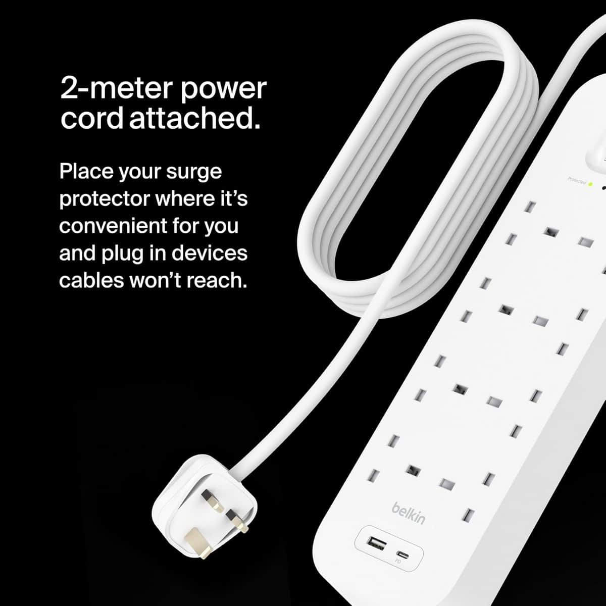 بيلكن مشترك كهربائي محمي من ارتفاع التيار بـ 8 منافذ مع USB-C وUSB-A بقدرة 18 واط بطول 2 متر