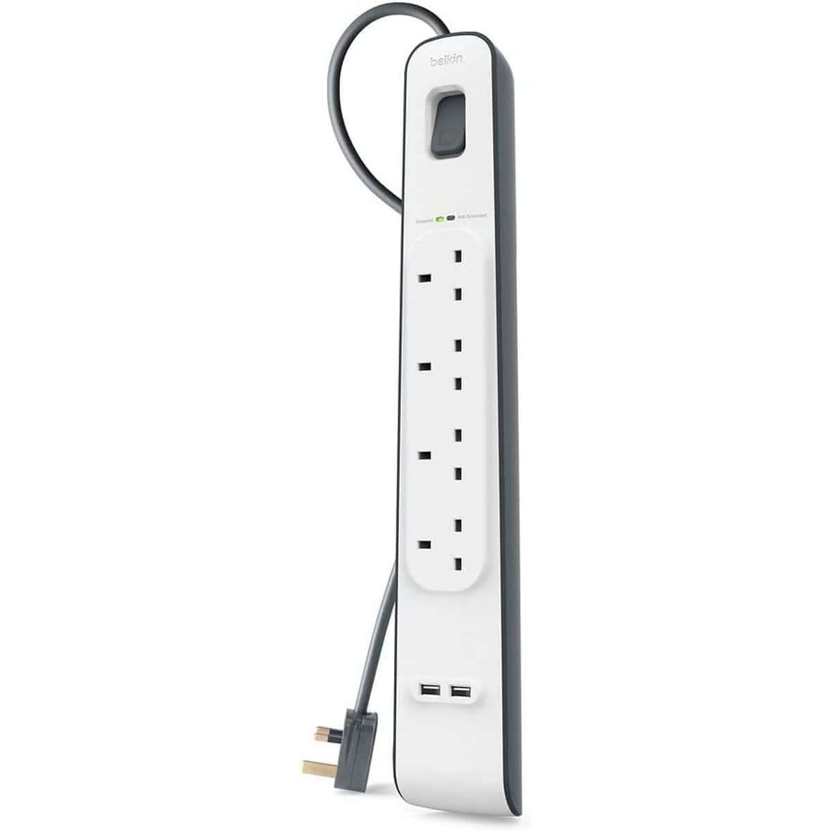 بيلكن مشترك كهرباء محمي من زيادة التيار بـ 4 منافذ ومنفذي USB