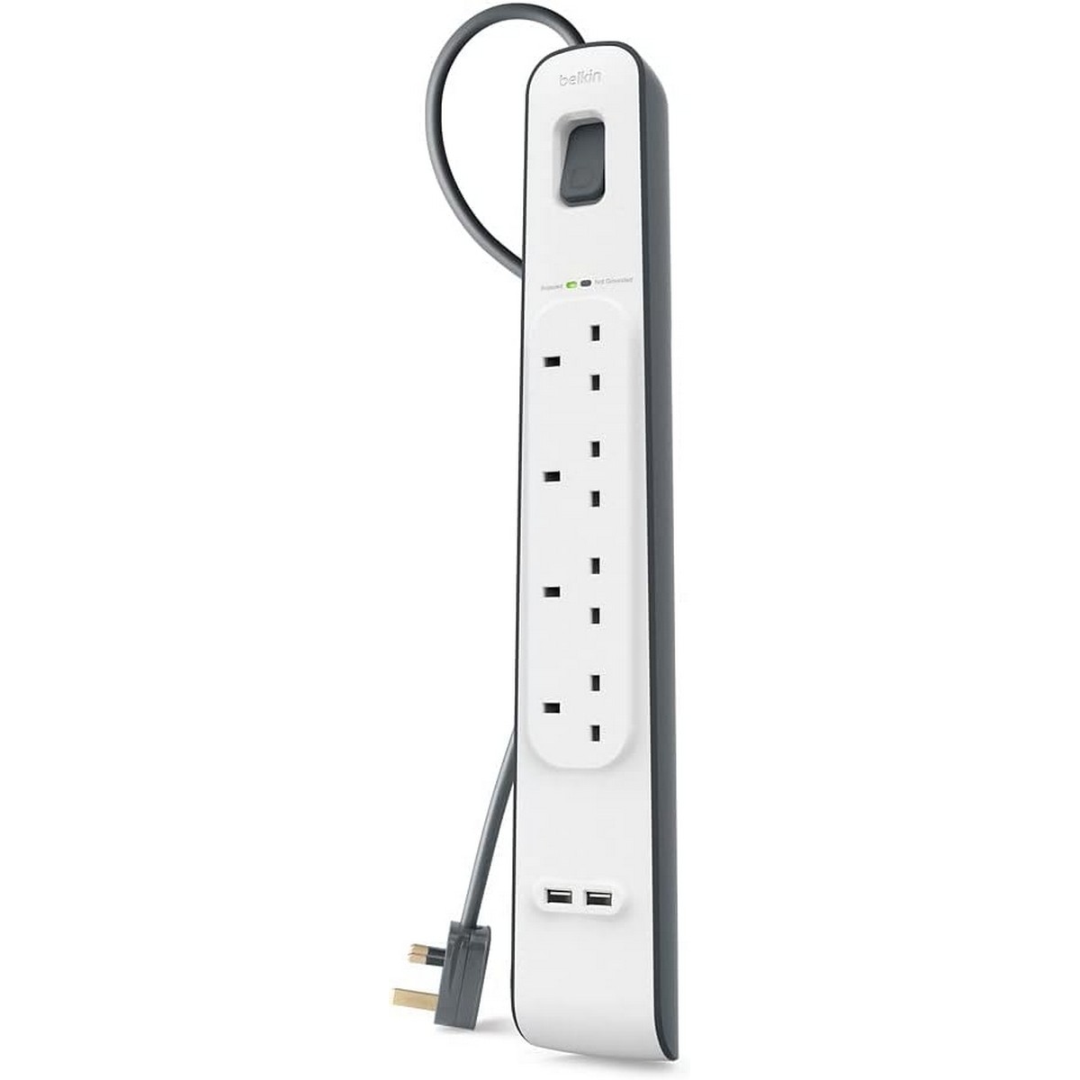 بيلكن مشترك كهرباء محمي من زيادة التيار بـ 4 منافذ ومنفذي USB
