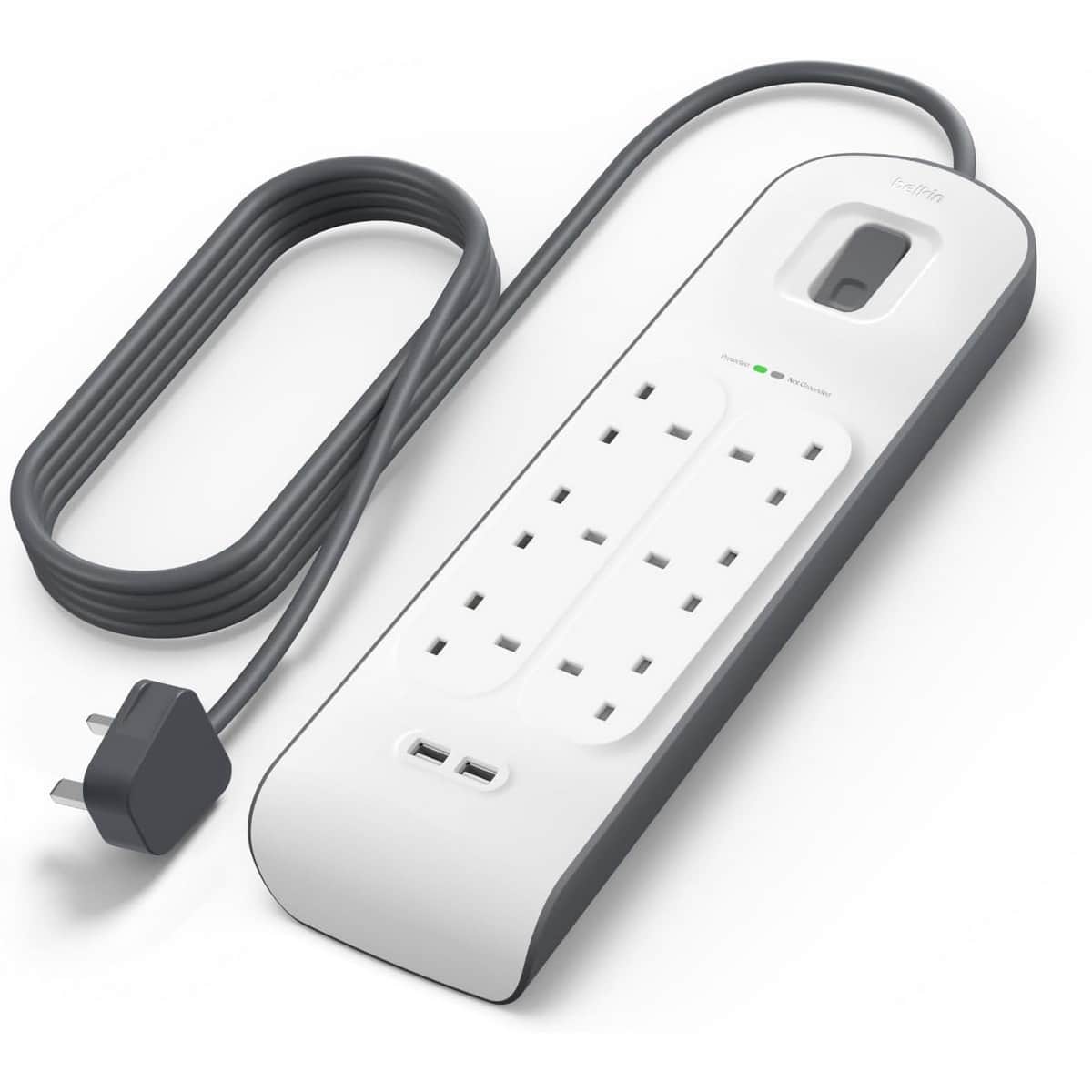 بيلكن مشترك كهرباء محمي من زيادة التيار بـ 6 منافذ ومنفذي USB