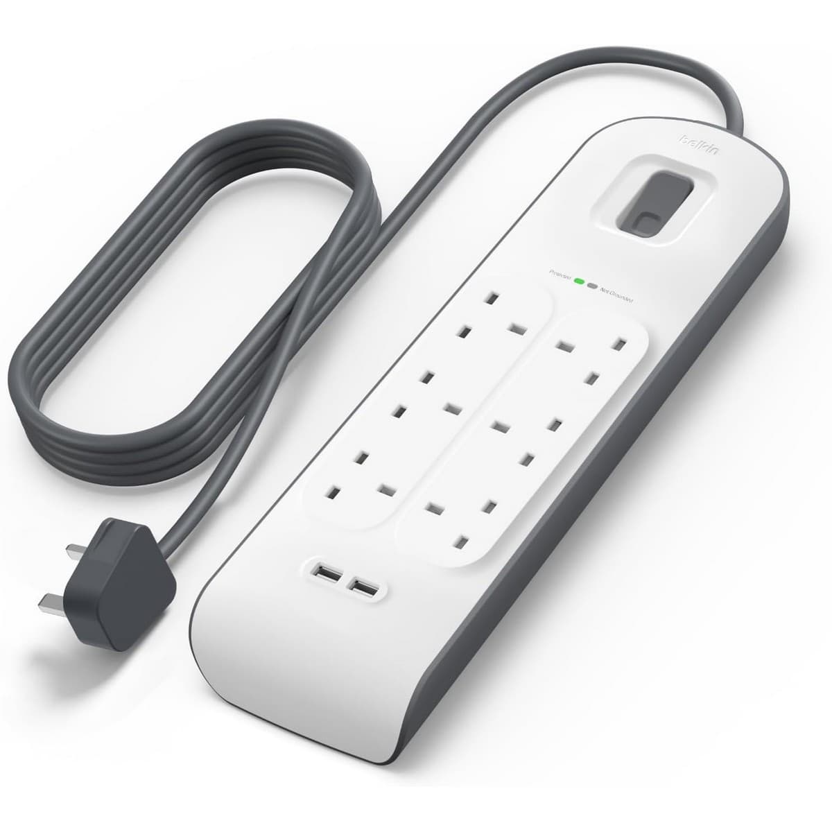 بيلكن مشترك كهرباء محمي من زيادة التيار بـ 6 منافذ ومنفذي USB