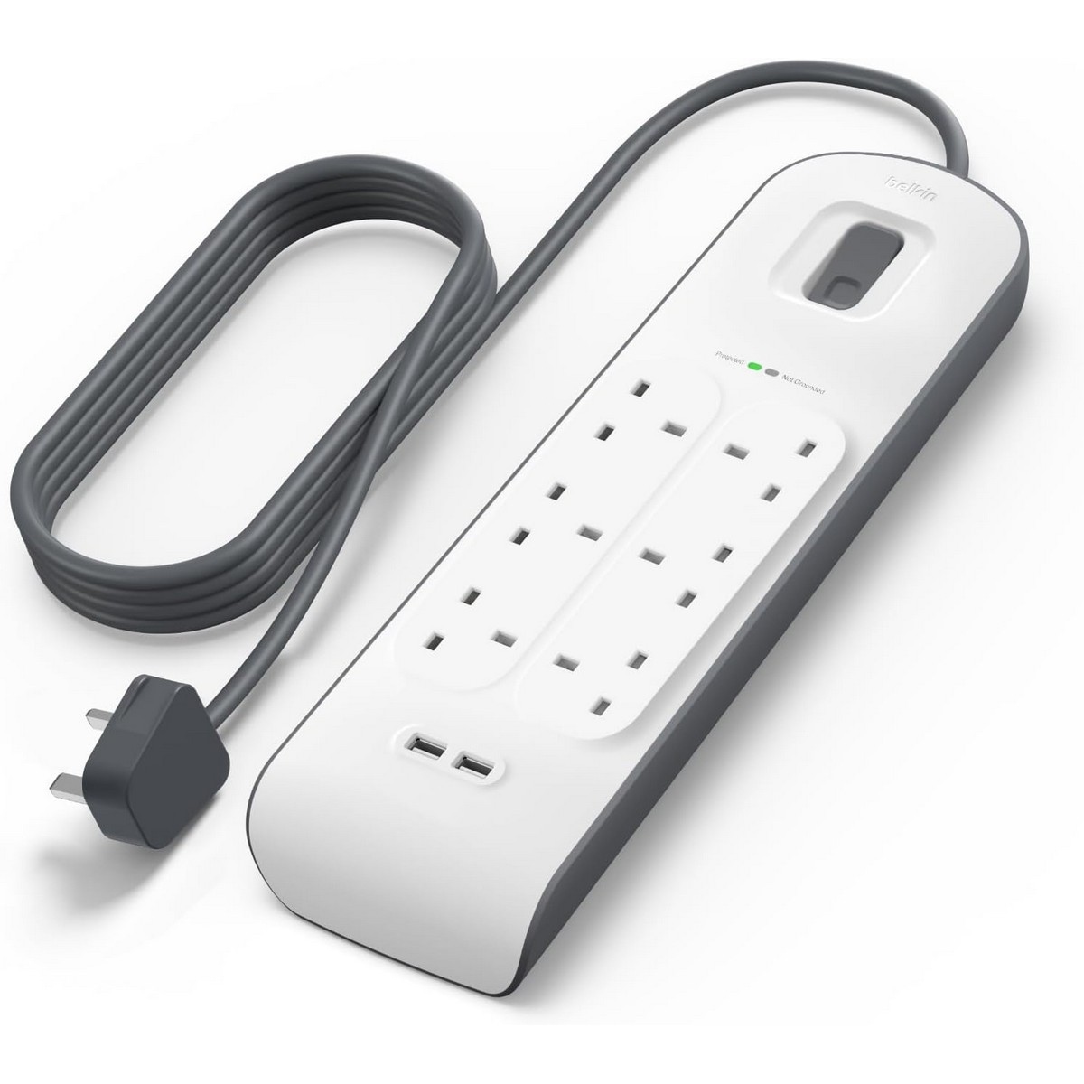 بيلكن مشترك كهرباء محمي من زيادة التيار بـ 6 منافذ ومنفذي USB