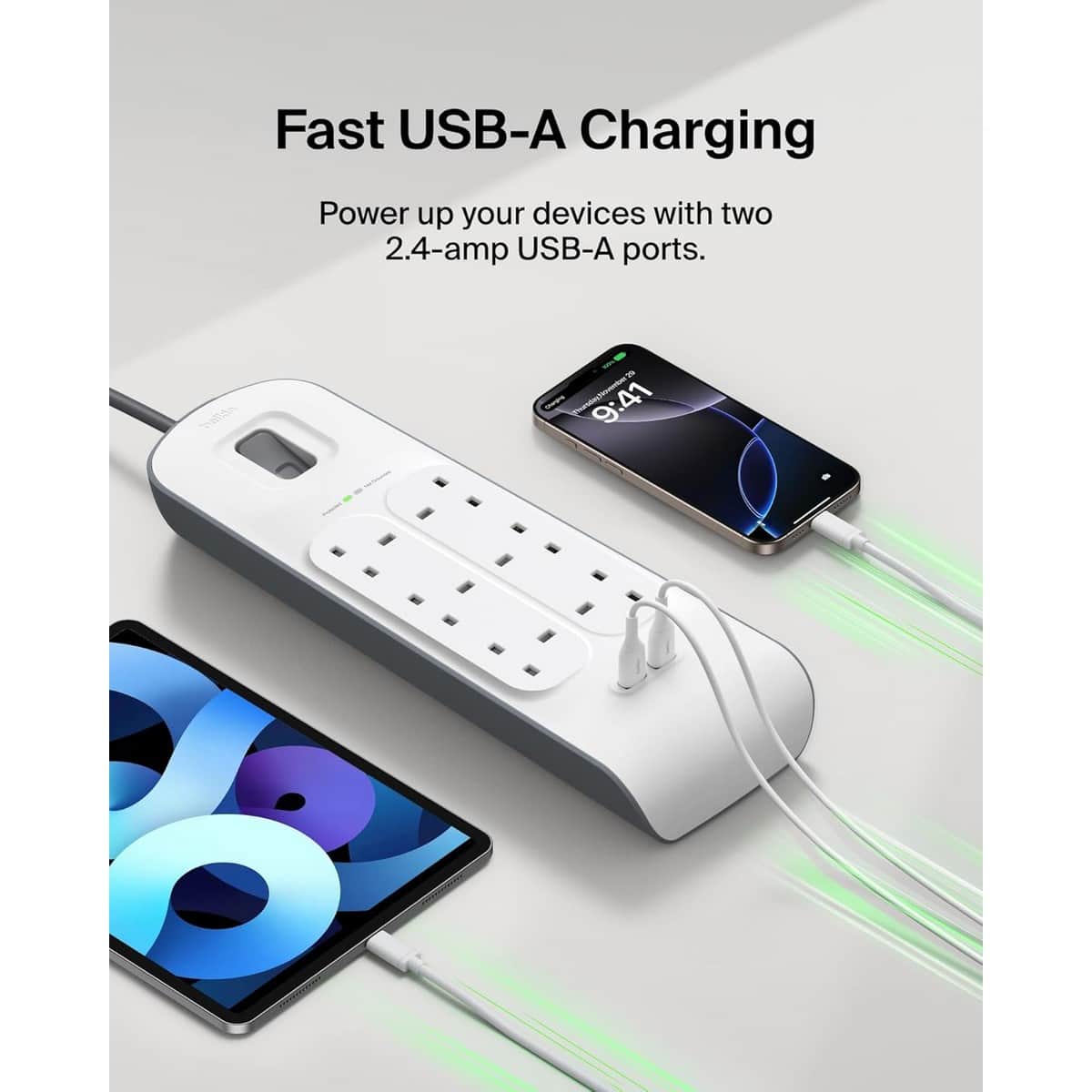 بيلكن مشترك كهرباء محمي من زيادة التيار بـ 6 منافذ ومنفذي USB