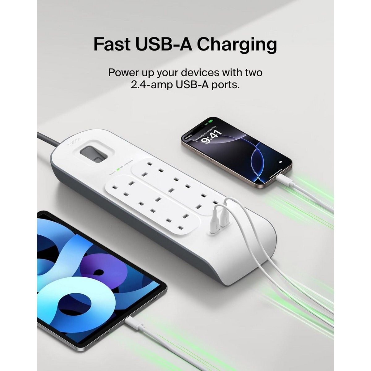 بيلكن مشترك كهرباء محمي من زيادة التيار بـ 6 منافذ ومنفذي USB