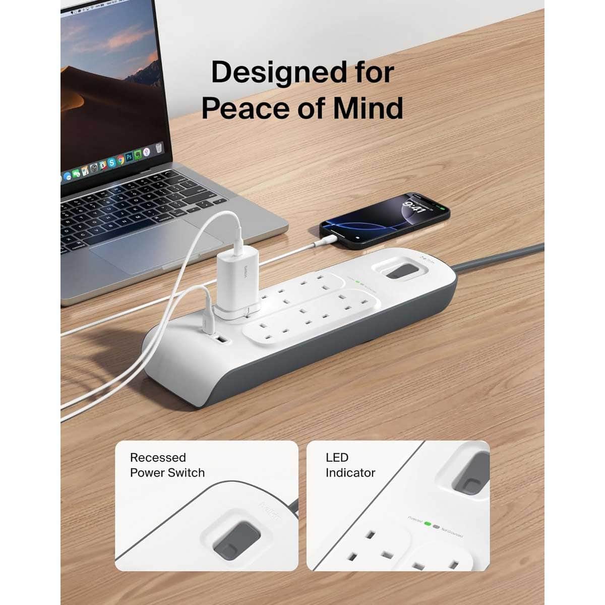 بيلكن مشترك كهرباء محمي من زيادة التيار بـ 6 منافذ ومنفذي USB
