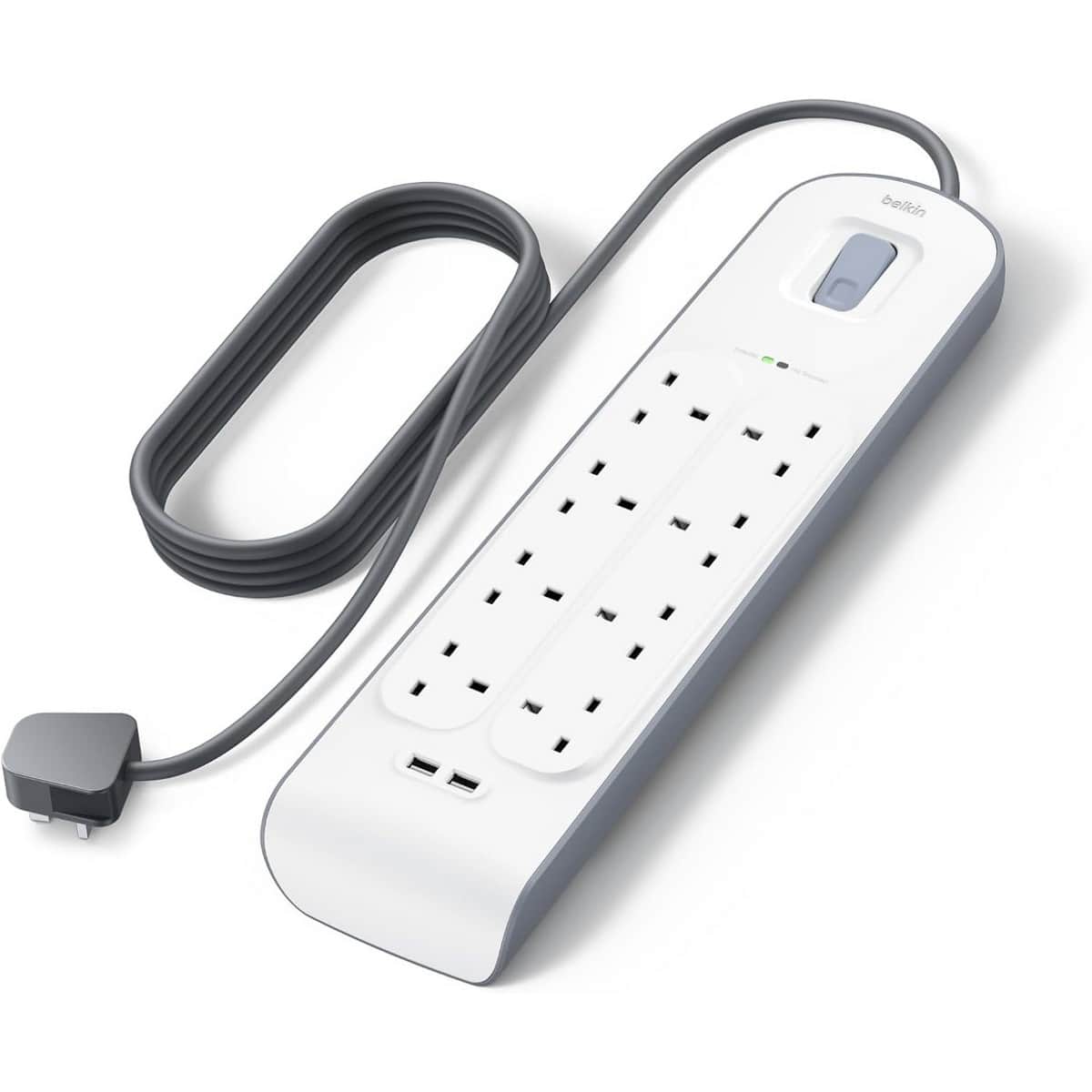 بيلكن مشترك كهرباء محمي من زيادة التيار بـ 8 منافذ ومنفذي USB