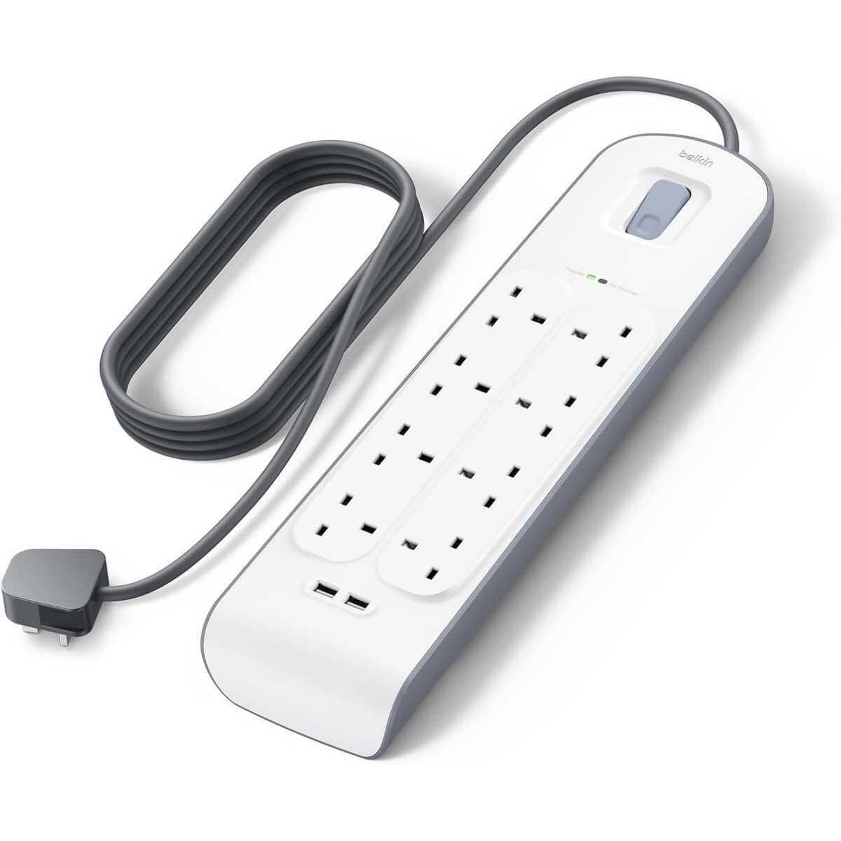 بيلكن مشترك كهرباء محمي من زيادة التيار بـ 8 منافذ ومنفذي USB