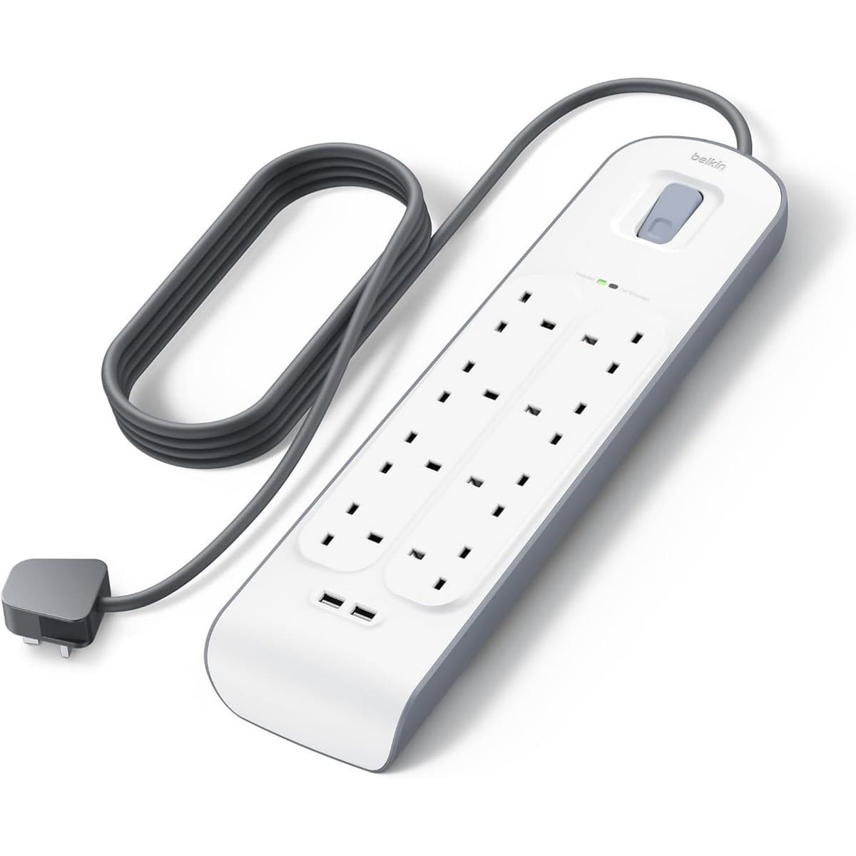 بيلكن مشترك كهرباء محمي من زيادة التيار بـ 8 منافذ ومنفذي USB