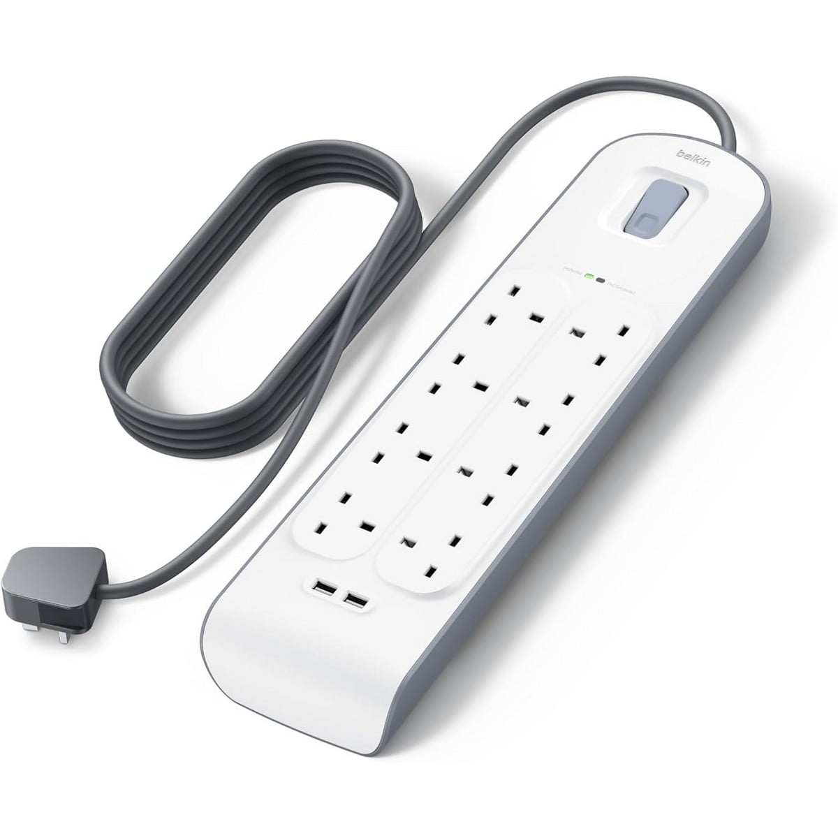 بيلكن مشترك كهرباء محمي من زيادة التيار بـ 8 منافذ ومنفذي USB