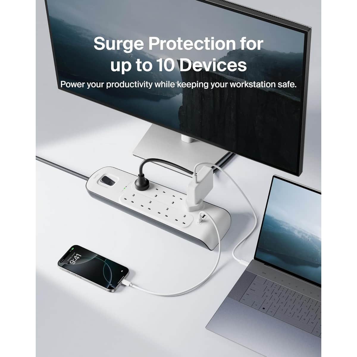 بيلكن مشترك كهرباء محمي من زيادة التيار بـ 8 منافذ ومنفذي USB