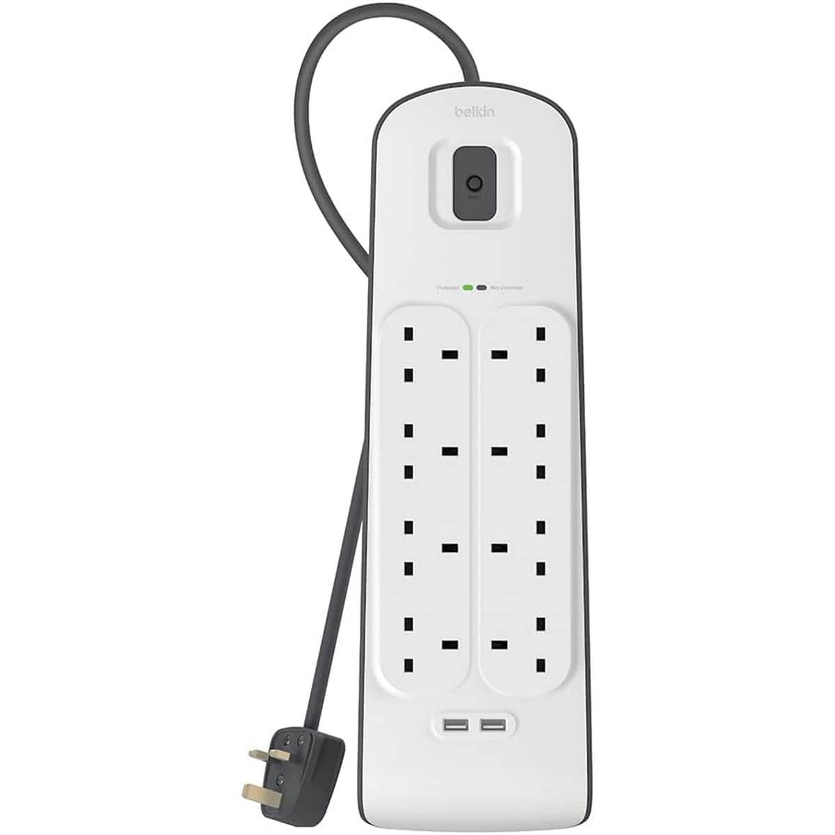 بيلكن مشترك كهرباء محمي من زيادة التيار بـ 8 منافذ ومنفذي USB
