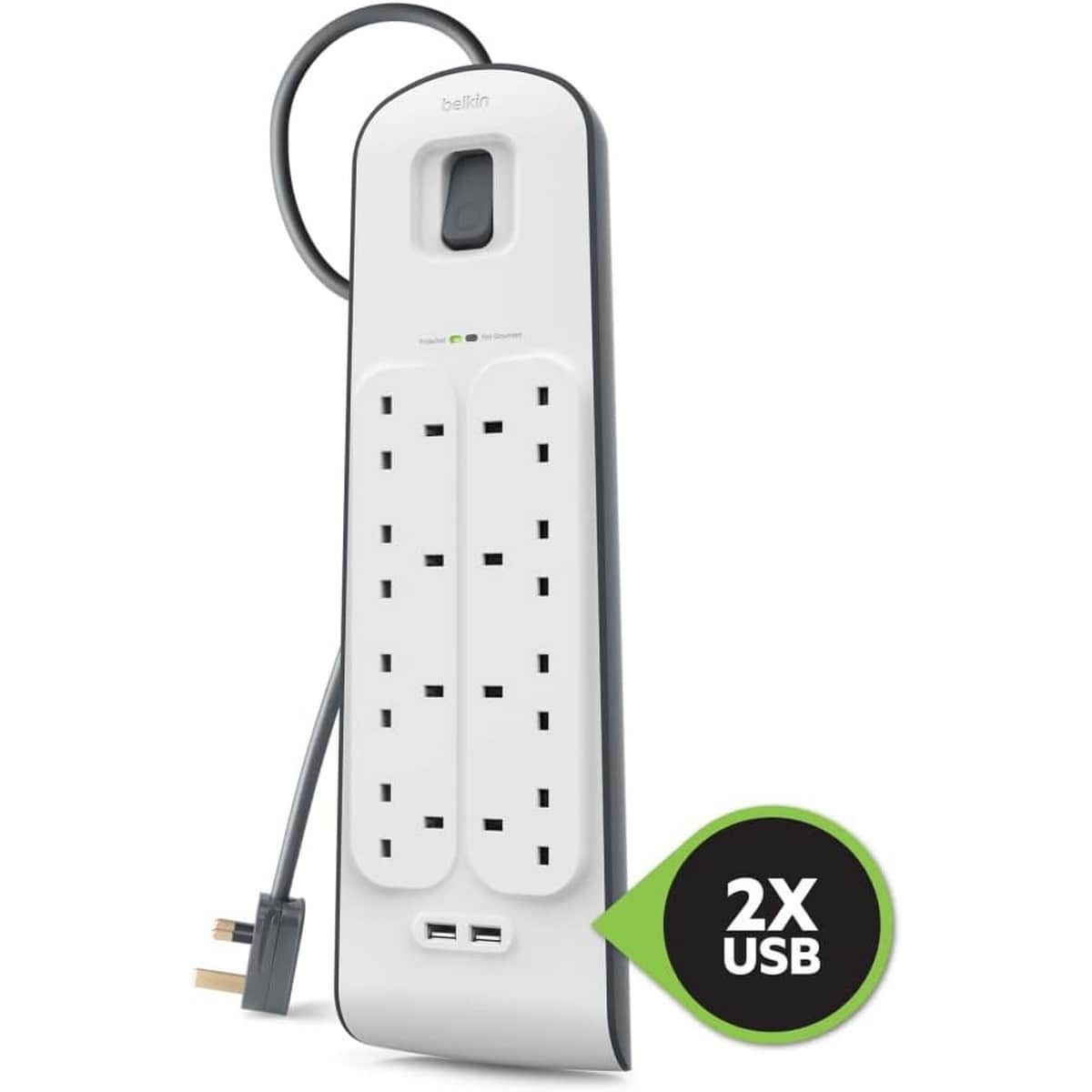 بيلكن مشترك كهرباء محمي من زيادة التيار بـ 8 منافذ ومنفذي USB