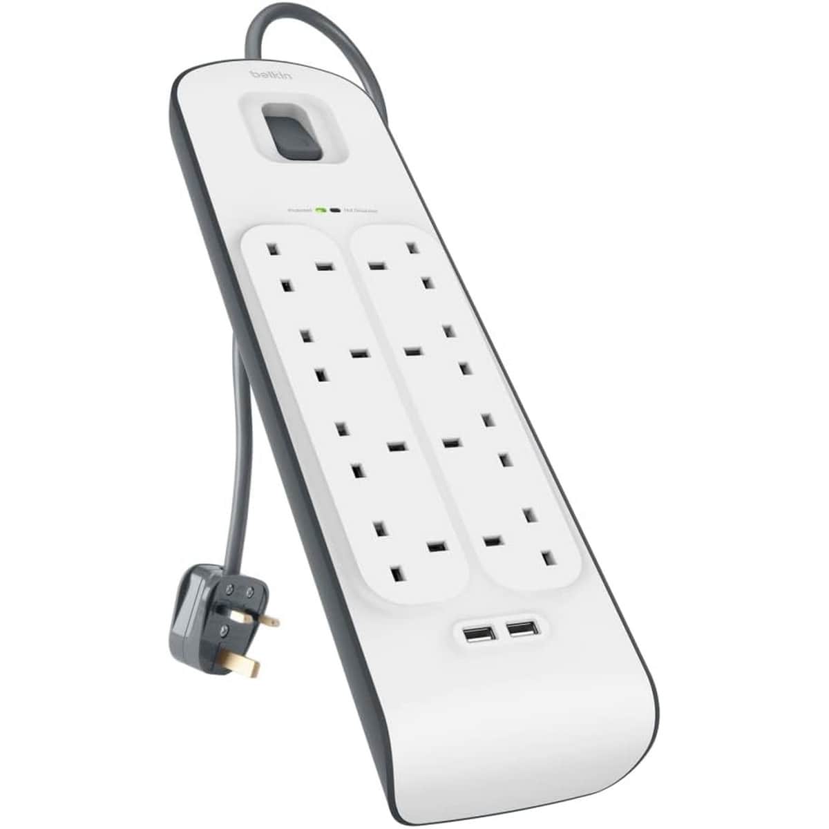 بيلكن مشترك كهرباء محمي من زيادة التيار بـ 8 منافذ ومنفذي USB