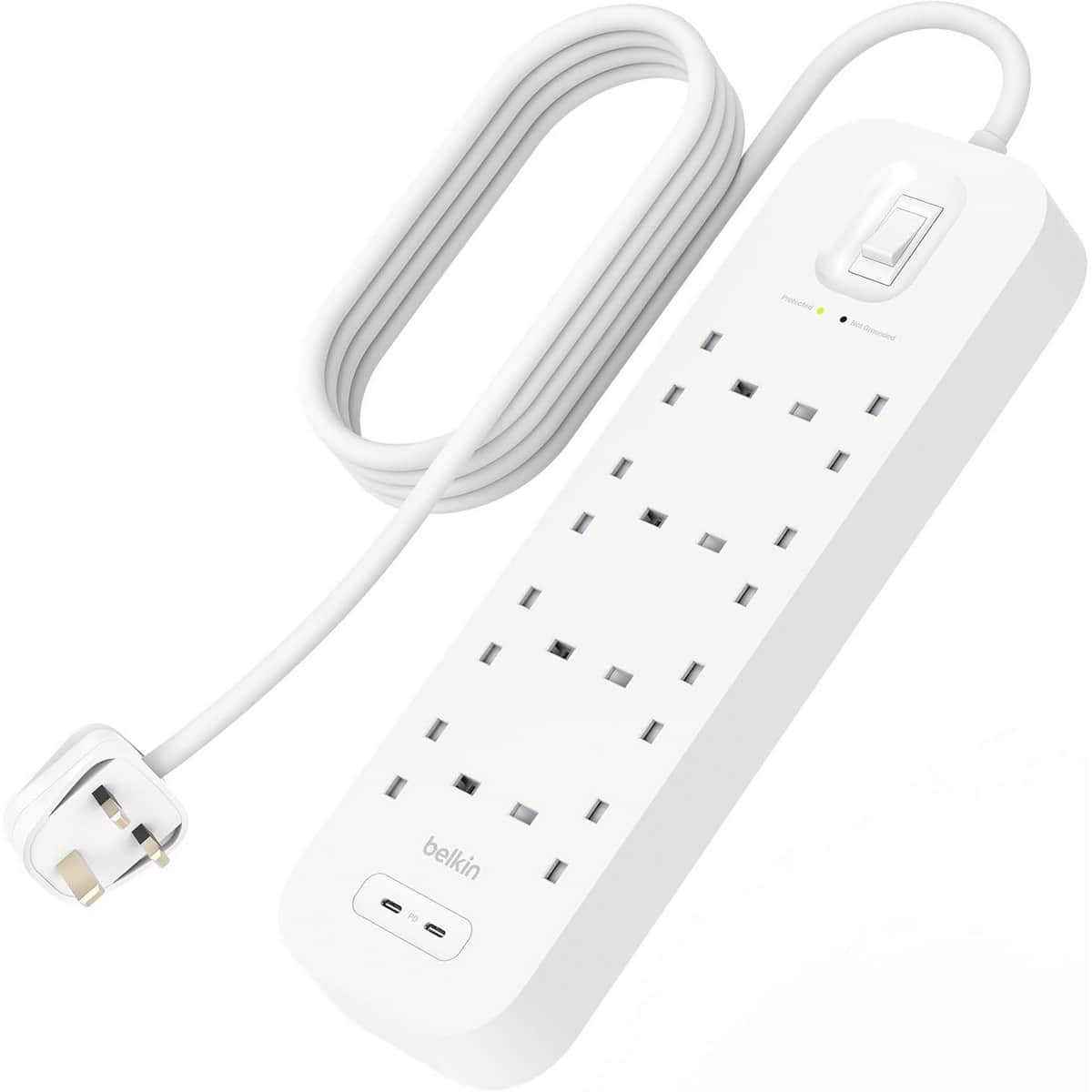 بيلكن مشترك كهربائي محمي من ارتفاع التيار بـ 8 منافذ مع USB-C مزدوج بقدرة 30 واط بطول 2 متر