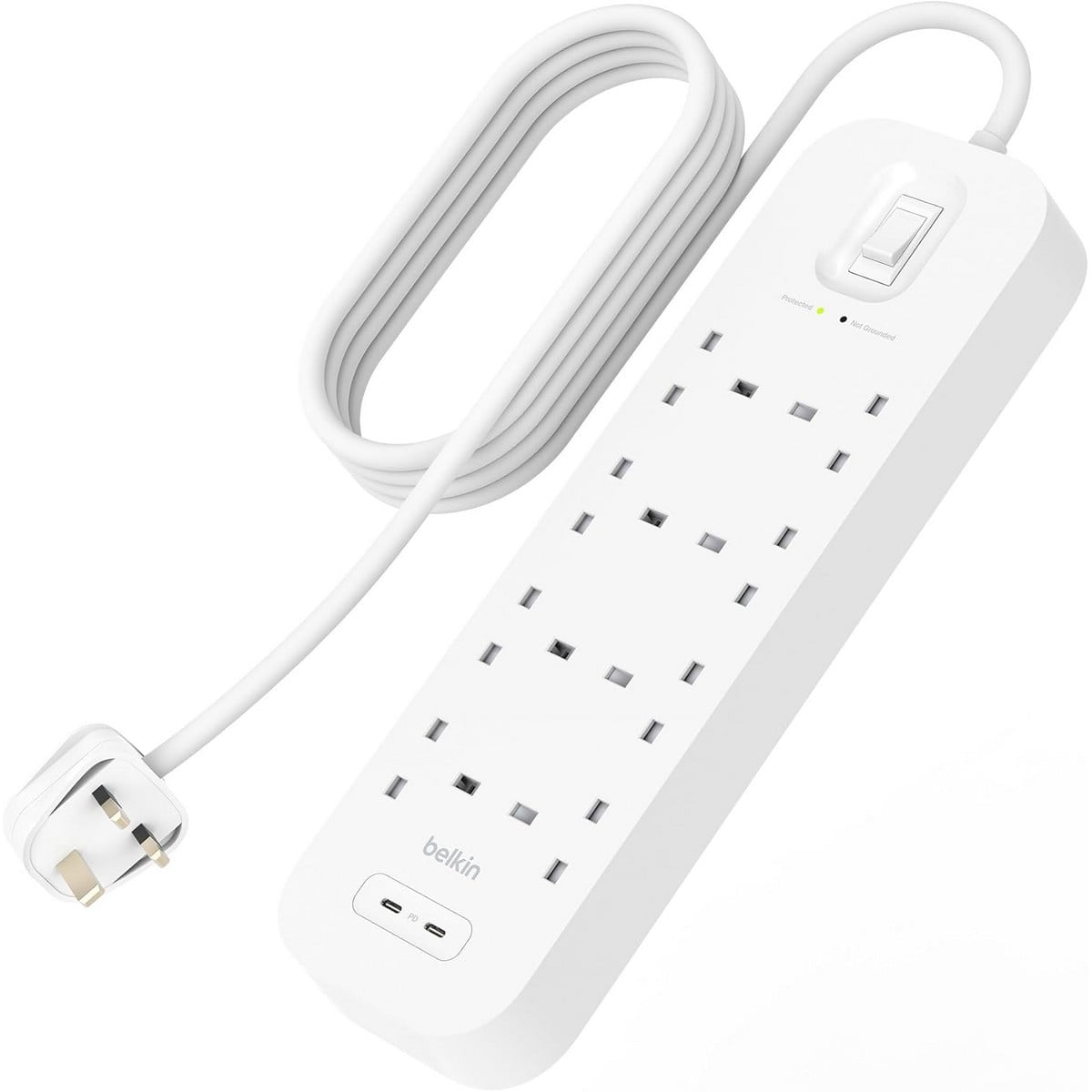 بيلكن مشترك كهربائي محمي من ارتفاع التيار بـ 8 منافذ مع USB-C مزدوج بقدرة 30 واط بطول 2 متر