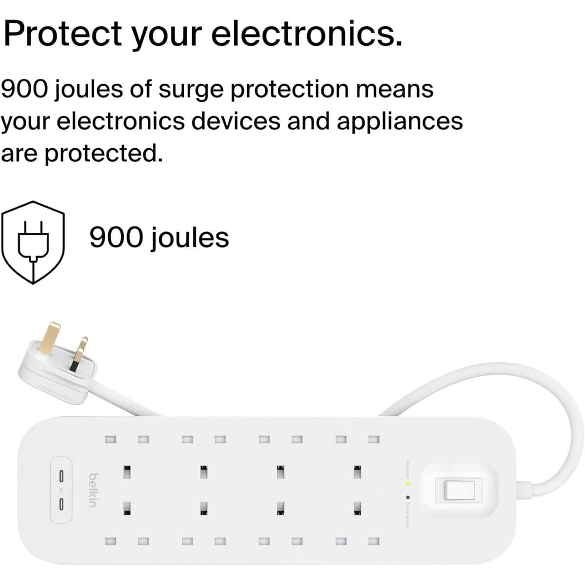بيلكن مشترك كهربائي محمي من ارتفاع التيار بـ 8 منافذ مع USB-C مزدوج بقدرة 30 واط بطول 2 متر