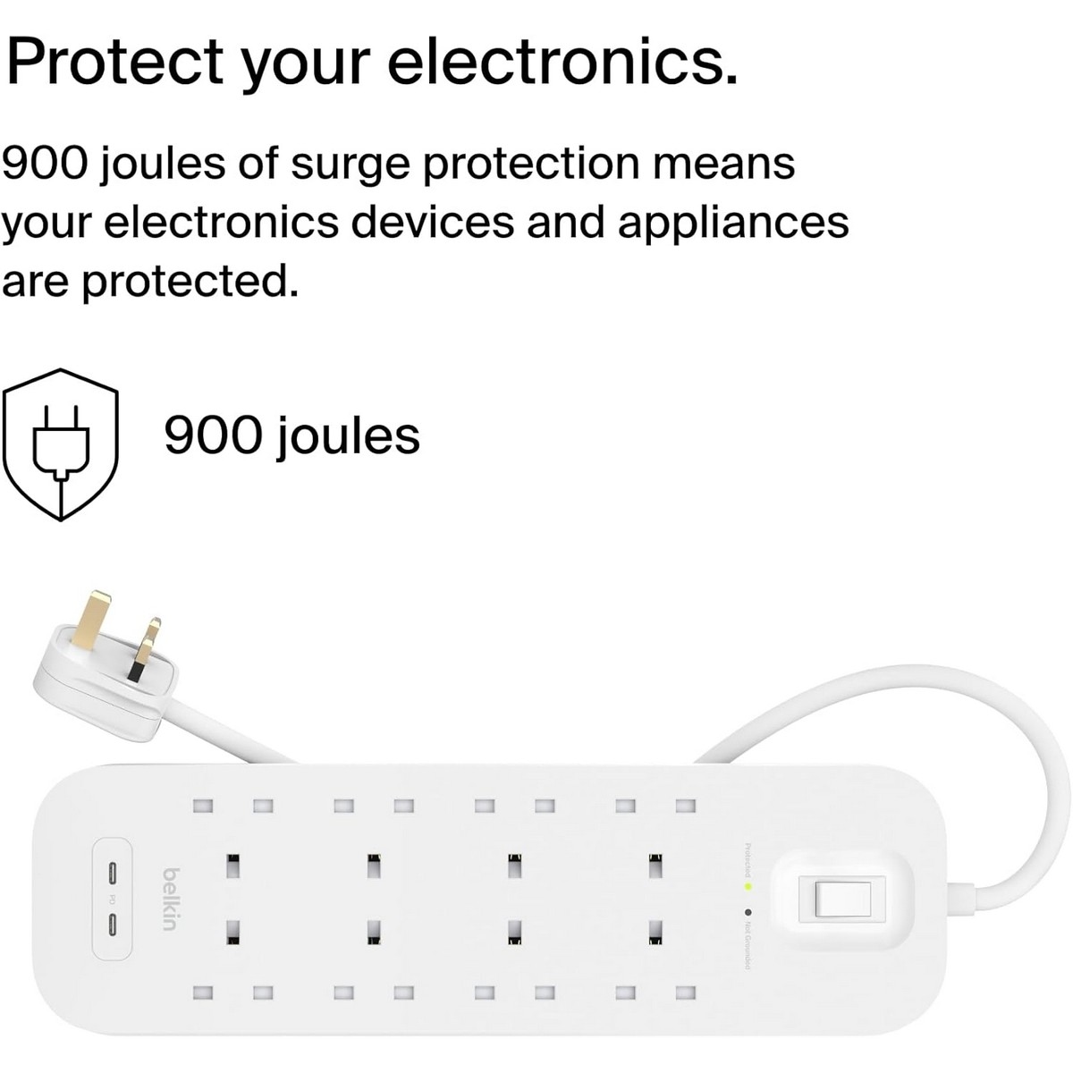 بيلكن مشترك كهربائي محمي من ارتفاع التيار بـ 8 منافذ مع USB-C مزدوج بقدرة 30 واط بطول 2 متر