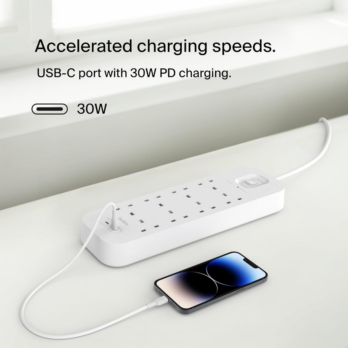 بيلكن مشترك كهربائي محمي من ارتفاع التيار بـ 8 منافذ مع USB-C مزدوج بقدرة 30 واط بطول 2 متر