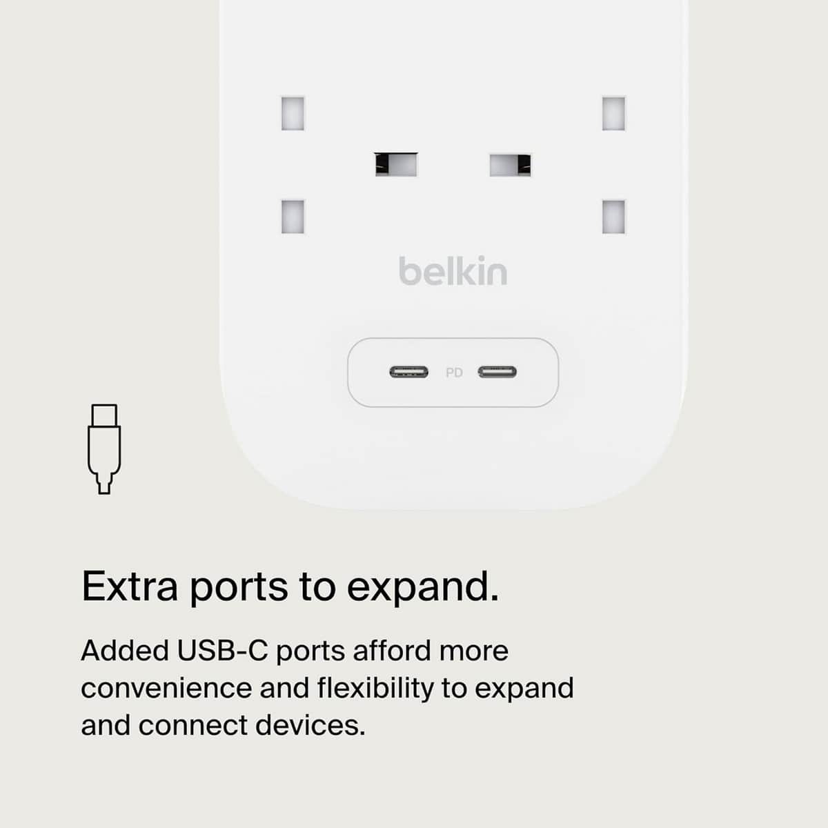 بيلكن مشترك كهربائي محمي من ارتفاع التيار بـ 8 منافذ مع USB-C مزدوج بقدرة 30 واط بطول 2 متر