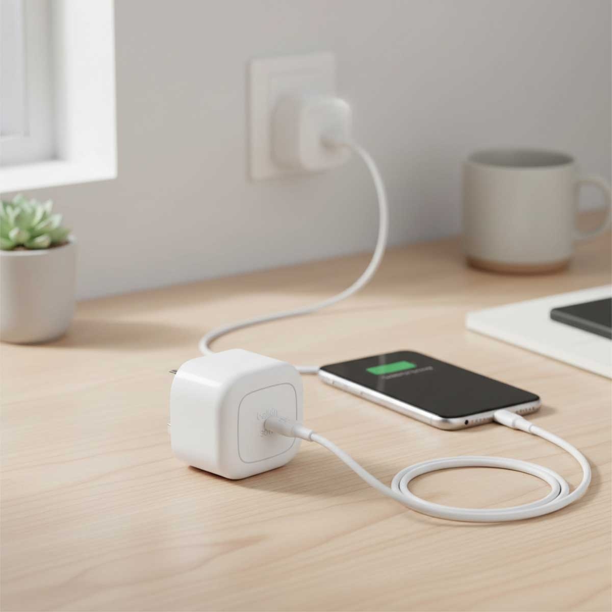 بيلكن شاحن حائط USB-C كيوب بقدرة 30 واط مع كابل USB-C إلى USB-C بطول 1 متر