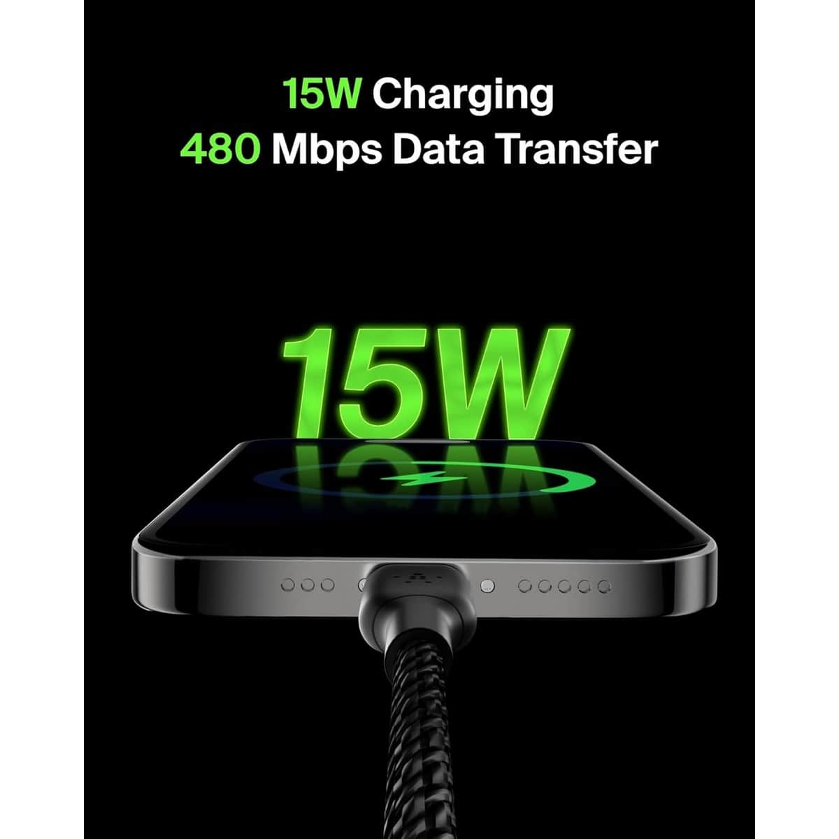 بيلكن أسود كابل USB-A إلى USB-C مجدول بوست تشارج بطول 1 متر