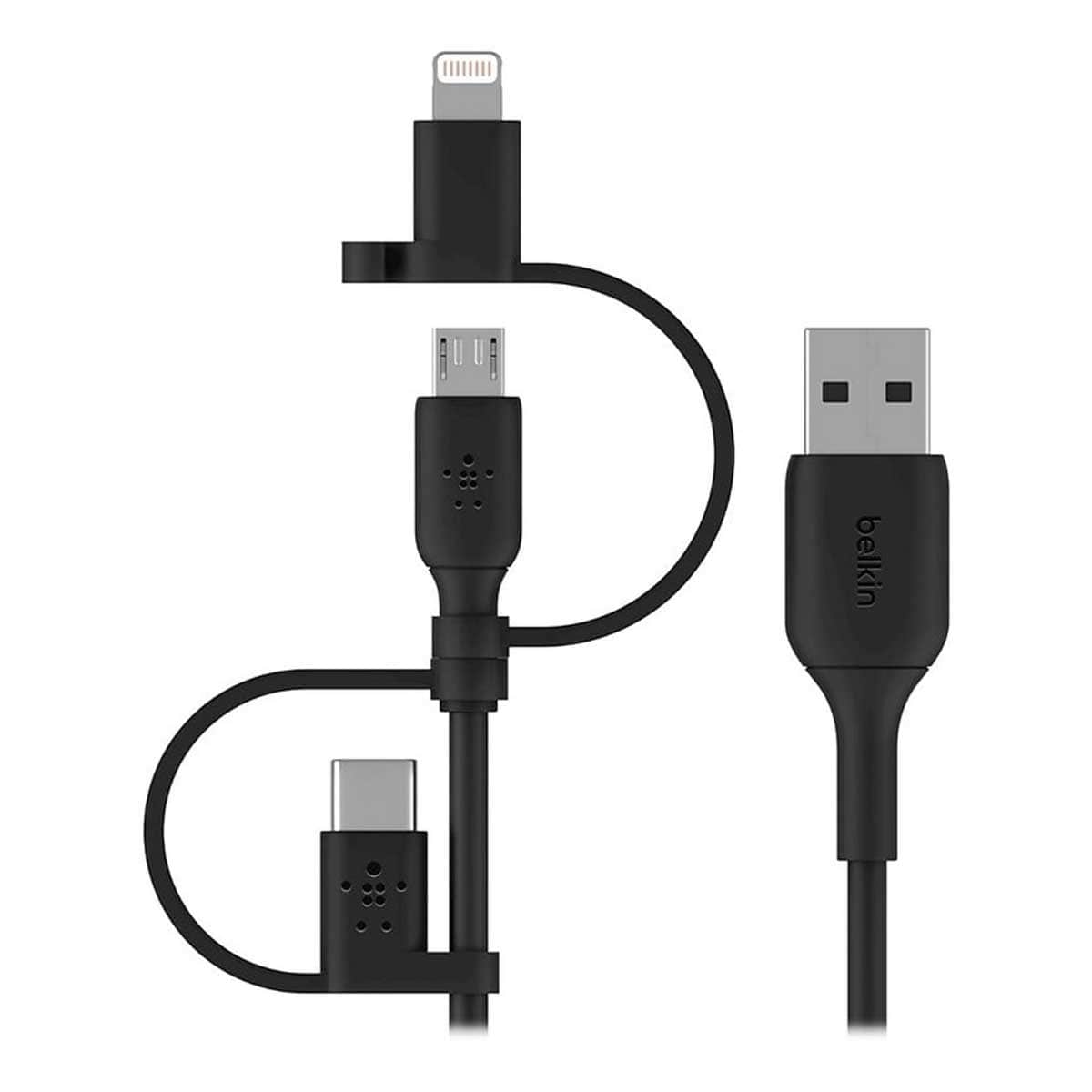 بيلكن أسود كابل عالمي 3 في 1 USB-A إلى USB-C وMicro-USB وLightning بطول 1 متر