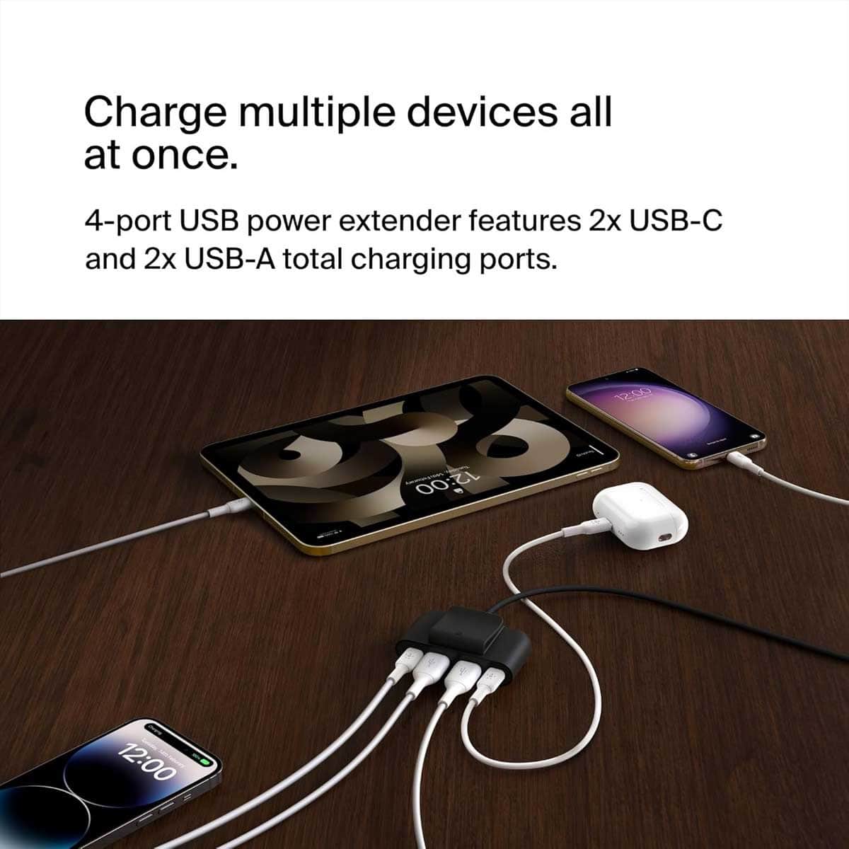 بيلكن أسود موزع طاقة USB بأربعة منافذ بطول 2 متر