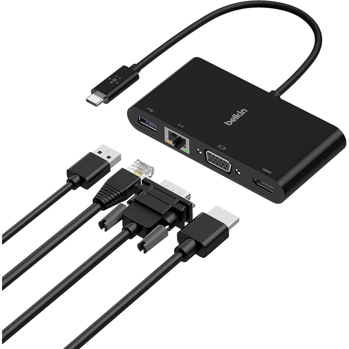 بيلكن محول متعدد المنافذ 4 في 1 USB-C إلى إيثرنت وHDMI وVGA وUSB-A باللون الأسود