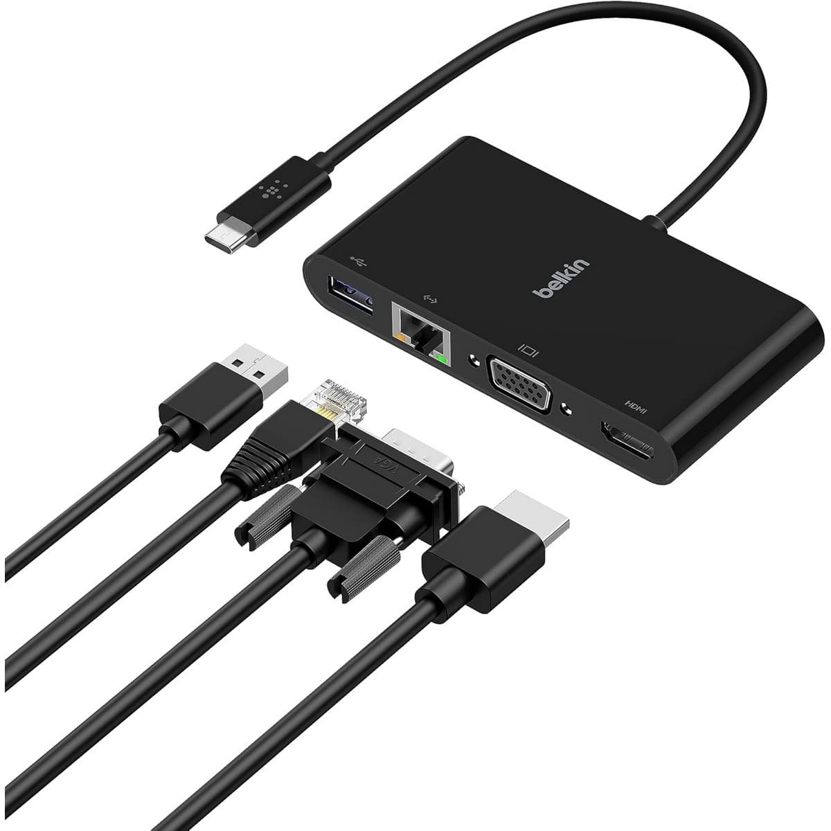 بيلكن محول متعدد المنافذ 4 في 1 USB-C إلى إيثرنت وHDMI وVGA وUSB-A باللون الأسود